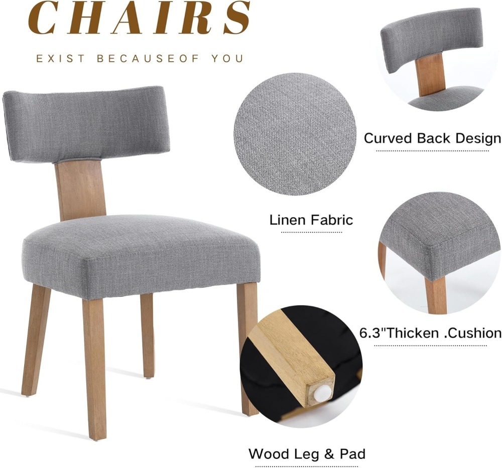 Dining Chairs Set of 2, Farmhouse Linen Fabric Upholstered Kitchen Chairs, Curved Backrest Parson Chairs Side Chairs Solid Wood for Dining Room, Living Room (Brown)