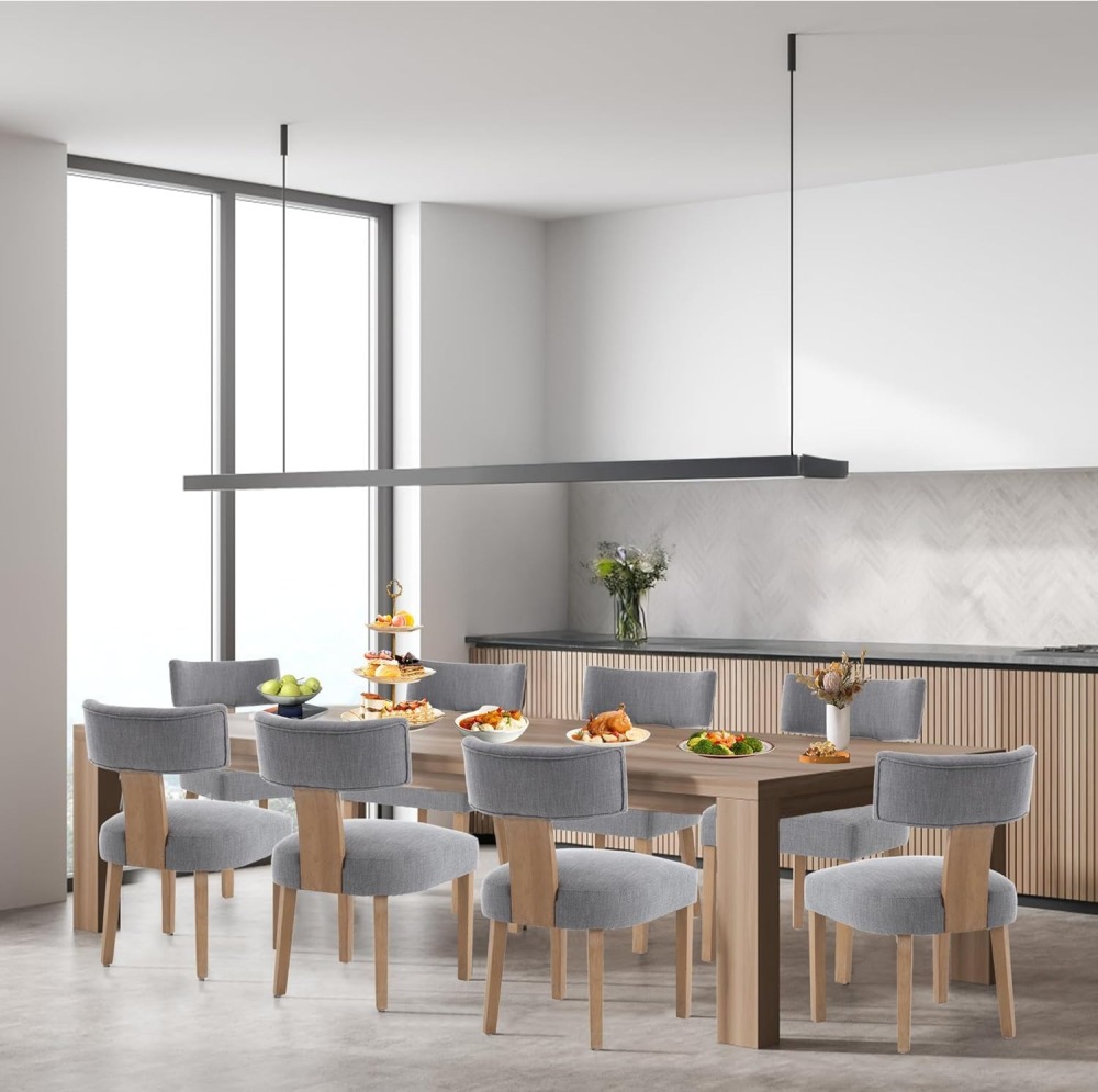 Dining Chairs Set of 2, Farmhouse Linen Fabric Upholstered Kitchen Chairs, Curved Backrest Parson Chairs Side Chairs Solid Wood for Dining Room, Living Room (Brown)