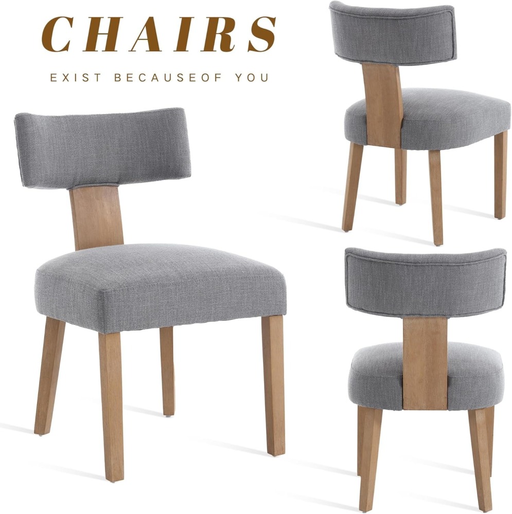 Dining Chairs Set of 2, Farmhouse Linen Fabric Upholstered Kitchen Chairs, Curved Backrest Parson Chairs Side Chairs Solid Wood for Dining Room, Living Room (Brown)