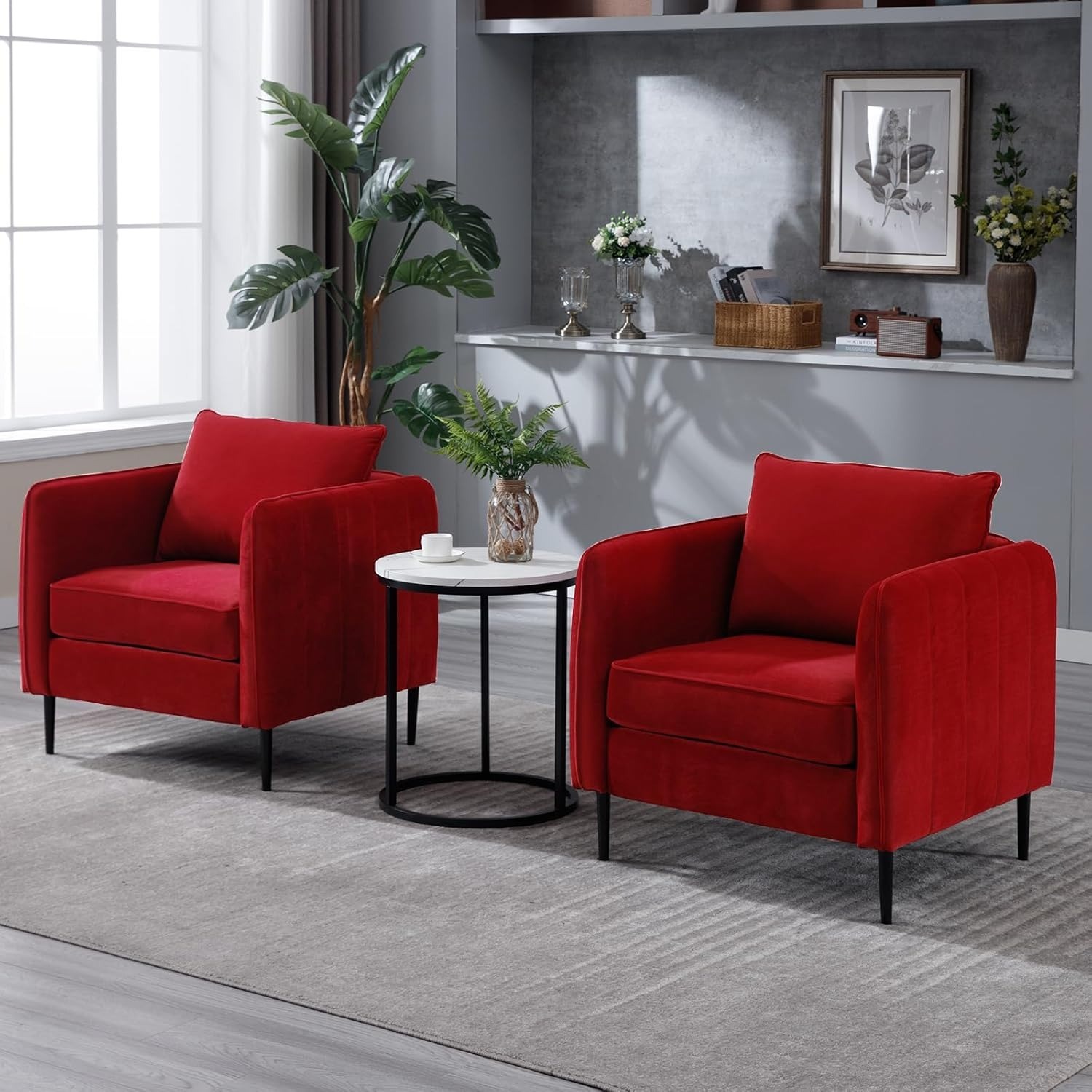 Modern Velvet Accent Chair Sets of 2, Upholstered Single Sofa Chairs Armchair with Square Arm, Accent Chairs for Living Room, Bedroom, Apartment (2 PCS Velvet Chair - Burgundy)
