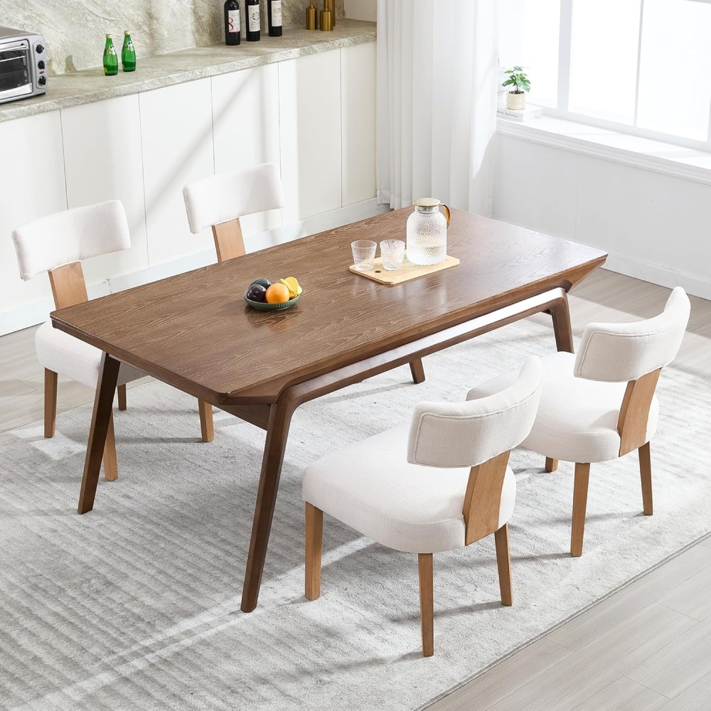 Dining Chairs Set of 2, Farmhouse Linen Fabric Upholstered Kitchen Chairs, Curved Backrest Parson Chairs Side Chairs Solid Wood for Dining Room, Living Room (Brown)