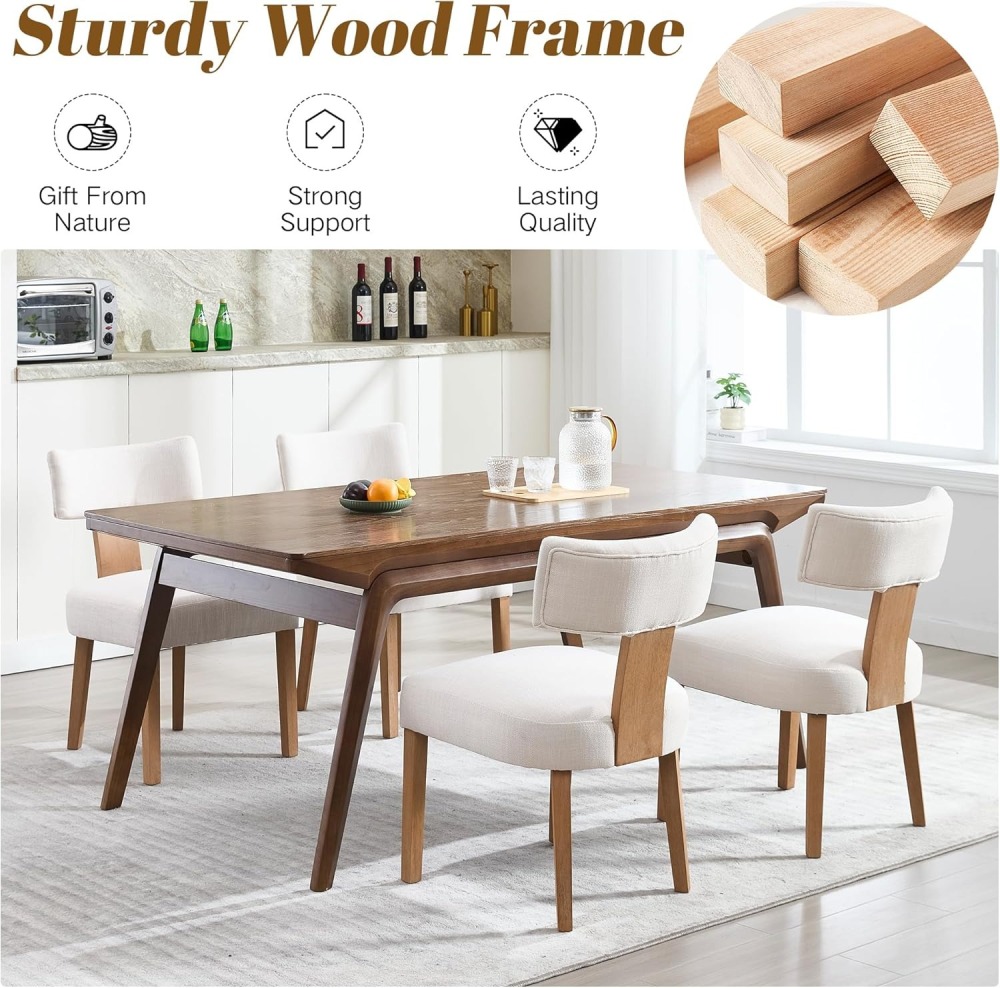 Dining Chairs Set of 2, Farmhouse Linen Fabric Upholstered Kitchen Chairs, Curved Backrest Parson Chairs Side Chairs Solid Wood for Dining Room, Living Room (Brown)