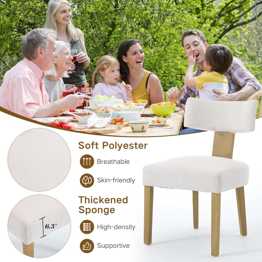 Dining Chairs Set of 2, Farmhouse Linen Fabric Upholstered Kitchen Chairs, Curved Backrest Parson Chairs Side Chairs Solid Wood for Dining Room, Living Room (Brown)