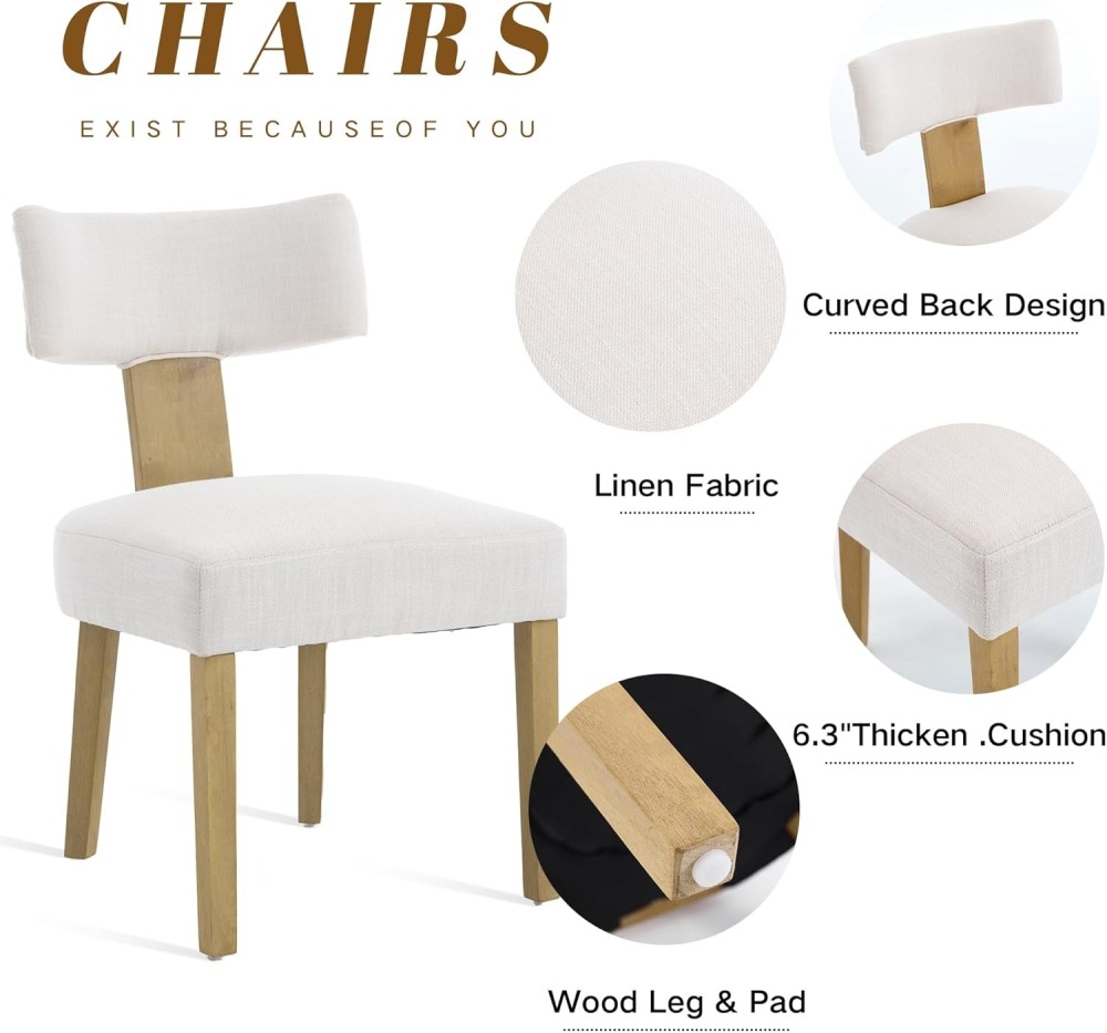 Dining Chairs Set of 2, Farmhouse Linen Fabric Upholstered Kitchen Chairs, Curved Backrest Parson Chairs Side Chairs Solid Wood for Dining Room, Living Room (Brown)