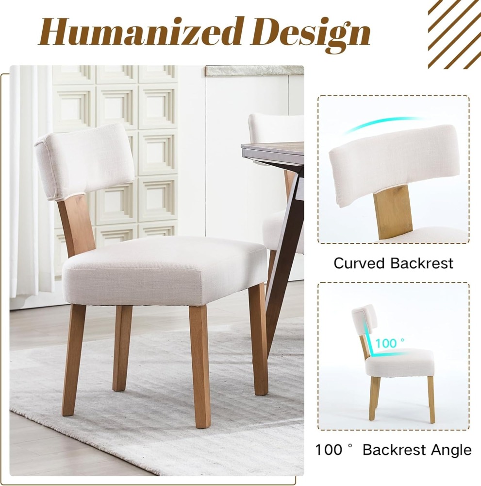 Dining Chairs Set of 2, Farmhouse Linen Fabric Upholstered Kitchen Chairs, Curved Backrest Parson Chairs Side Chairs Solid Wood for Dining Room, Living Room (Brown)