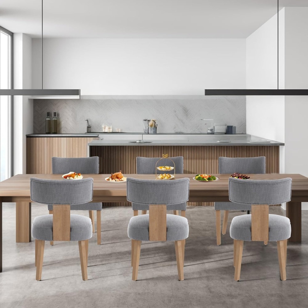 Dining Chairs Set of 2, Farmhouse Linen Fabric Upholstered Kitchen Chairs, Curved Backrest Parson Chairs Side Chairs Solid Wood for Dining Room, Living Room (Brown)