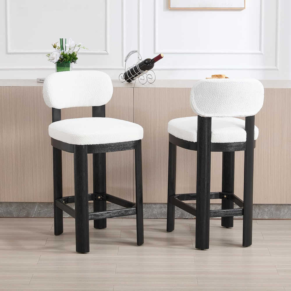 Mid Century Modern Counter Height Bar Stools Set of 2 – Teddy Fabric Upholstered Chairs with Back, White Fabric & Brown Wooden Legs for Kitchen & Dining