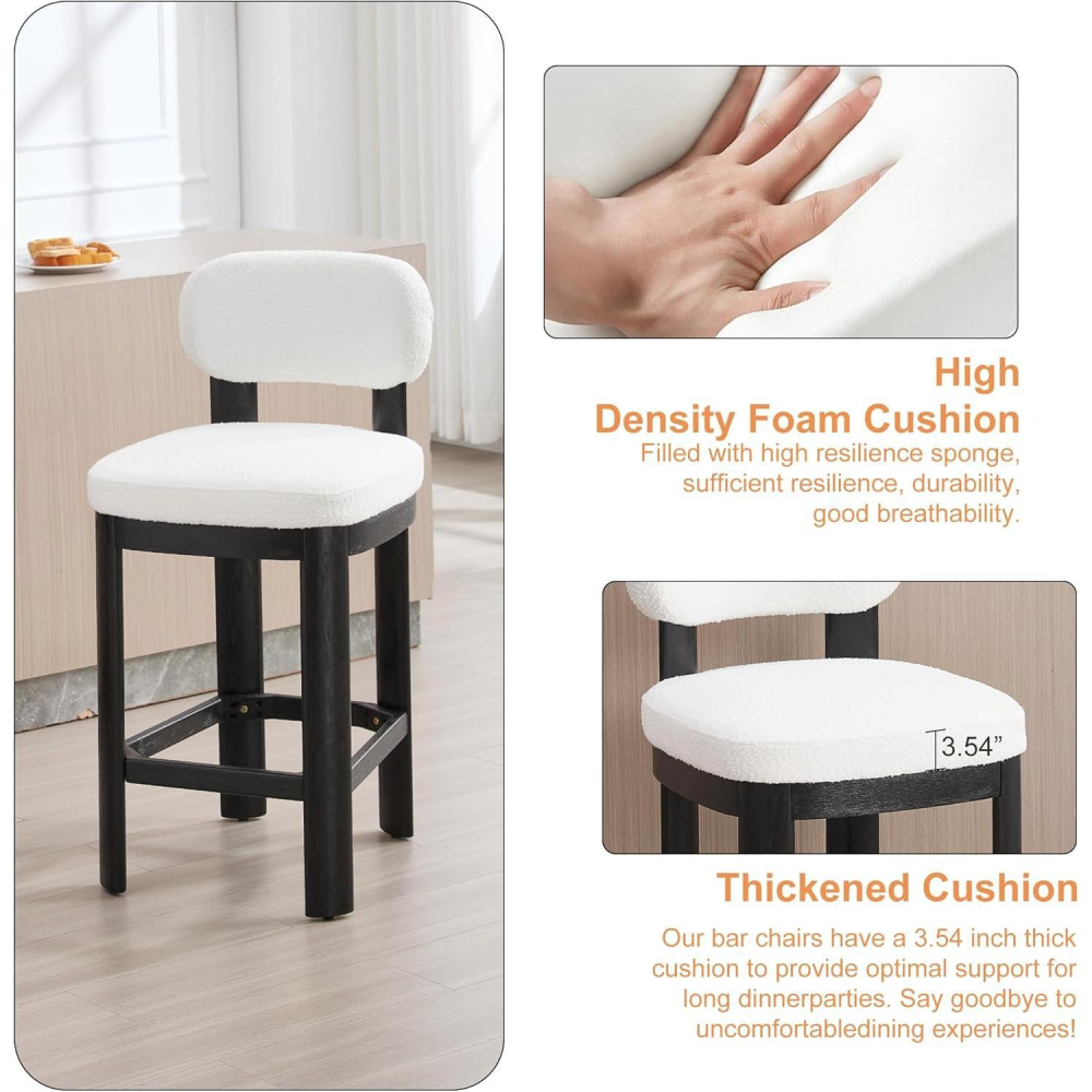 Mid Century Modern Counter Height Bar Stools Set of 2 – Teddy Fabric Upholstered Chairs with Back, White Fabric & Brown Wooden Legs for Kitchen & Dining