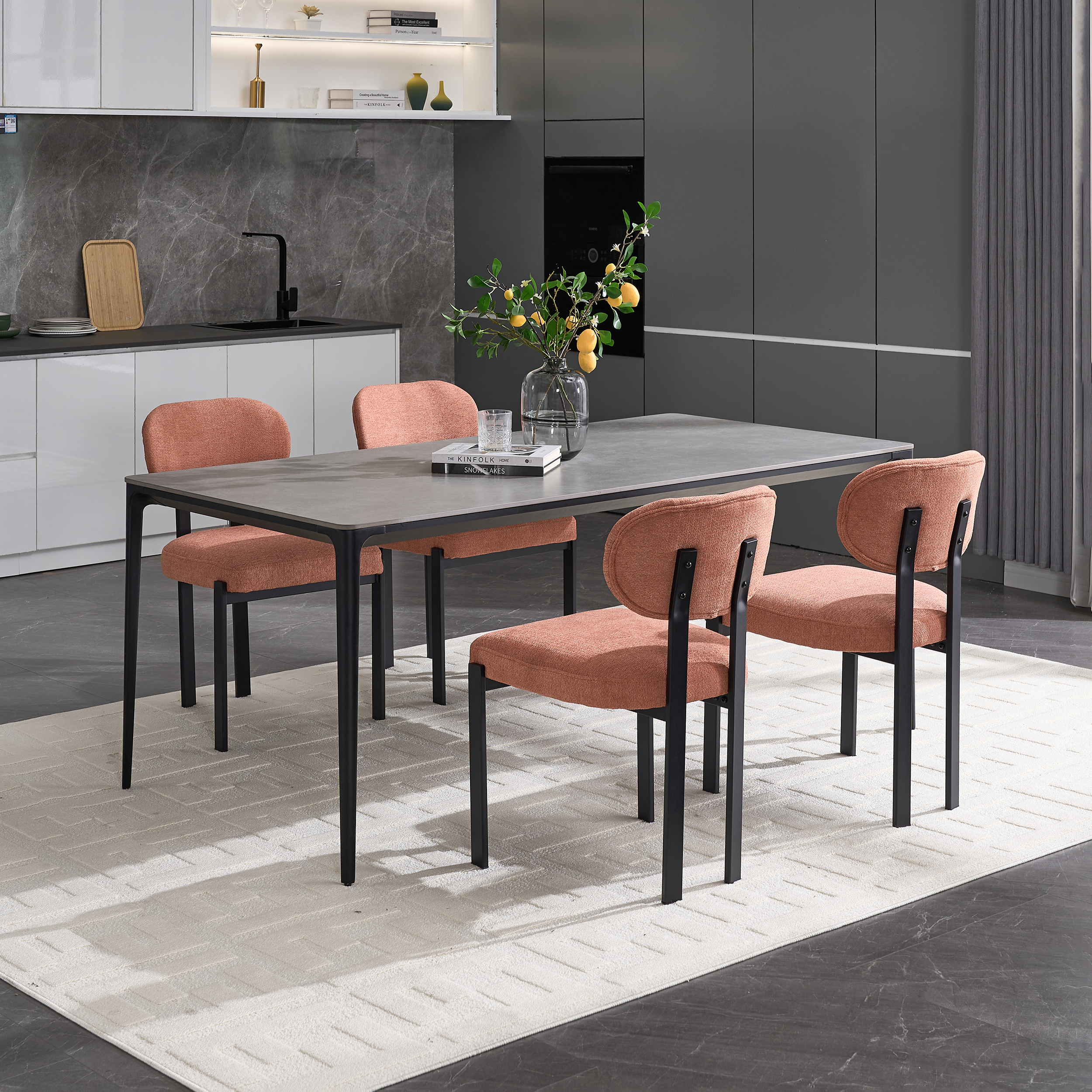Dining Chairs Set of 2 Grey, Modern Dining Room Chairs Mid Century with 3.35" Cushions and Metal Legs, Round Upholstered Boucle Chairs for Kitchen, Living Room, Easy Assembly