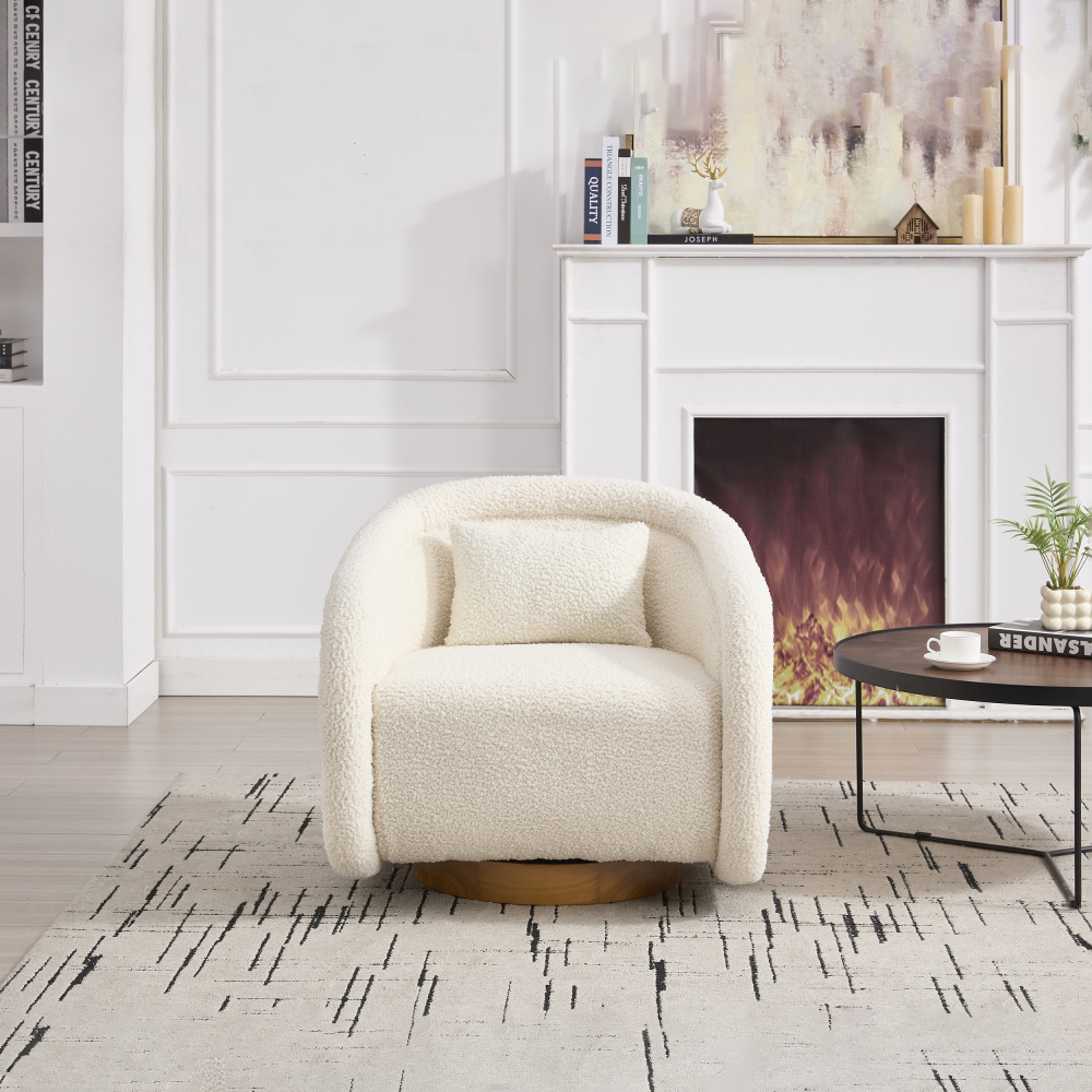 SZLIZCCC 360° Swivel Accent Armchair | Modern Comfy Teddy Bear Fleece Upholstery | Open-Back Round Design with Rubber Wood Frame | Club Chair for Living Room, Bedroom, or Office (White & Red)