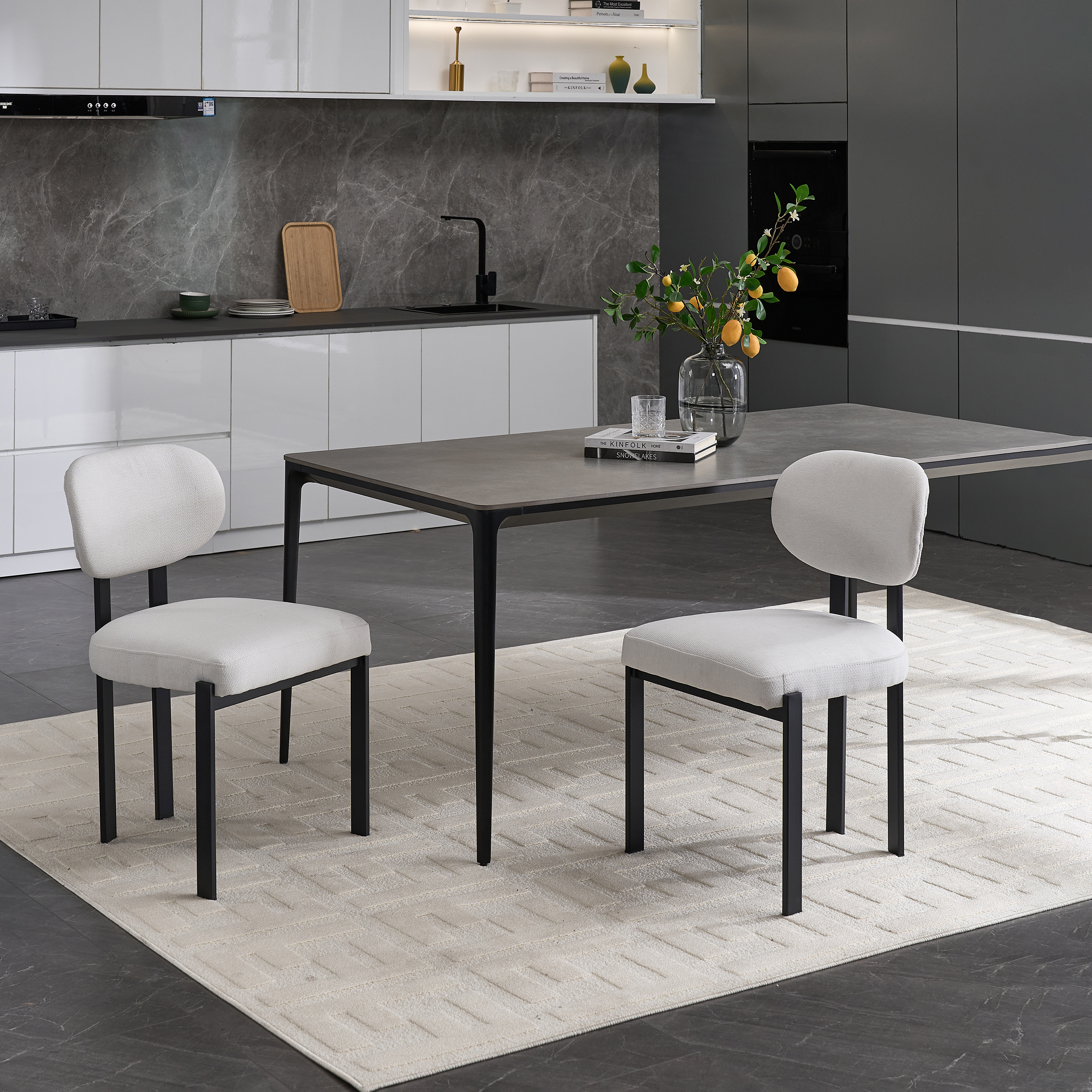 Dining Chairs Set of 2 Grey, Modern Dining Room Chairs Mid Century with 3.35" Cushions and Metal Legs, Round Upholstered Boucle Chairs for Kitchen, Living Room, Easy Assembly