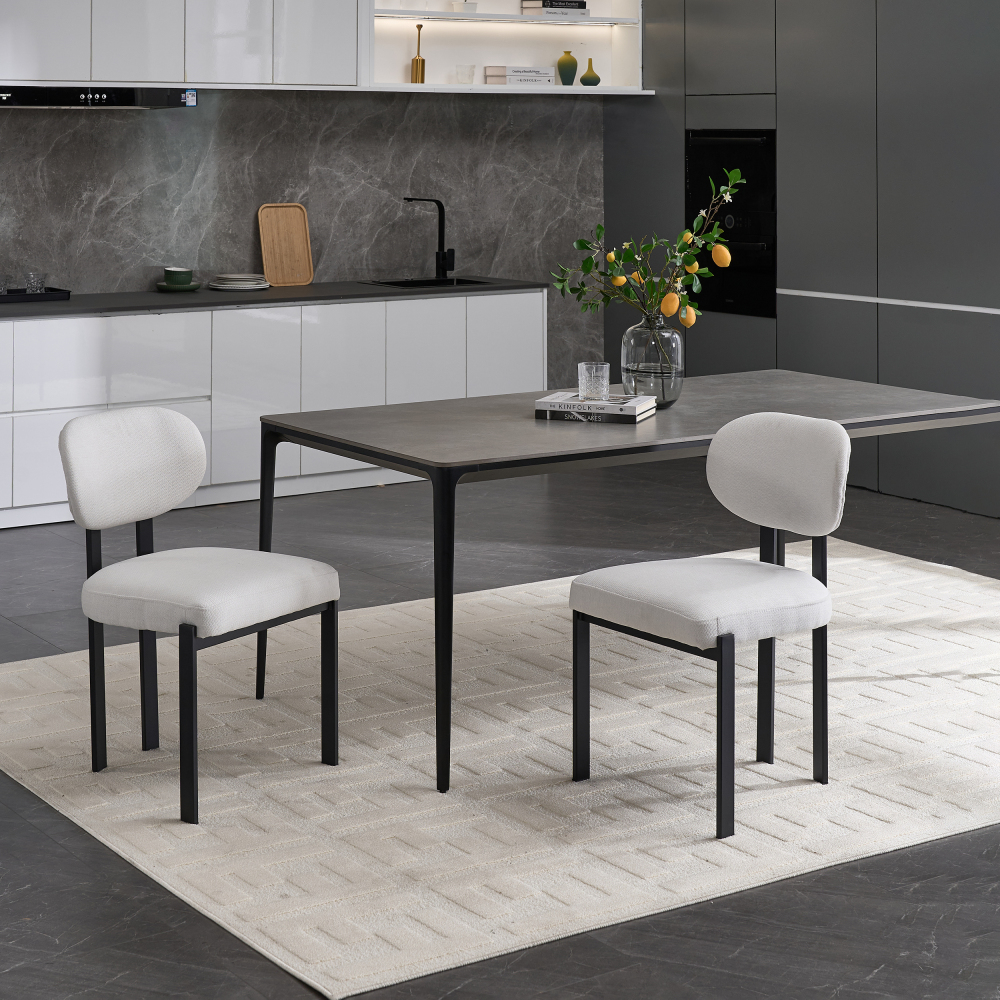 Dining Chairs Set of 2 Grey, Modern Dining Room Chairs Mid Century with 3.35" Cushions and Metal Legs, Round Upholstered Boucle Chairs for Kitchen, Living Room, Easy Assembly