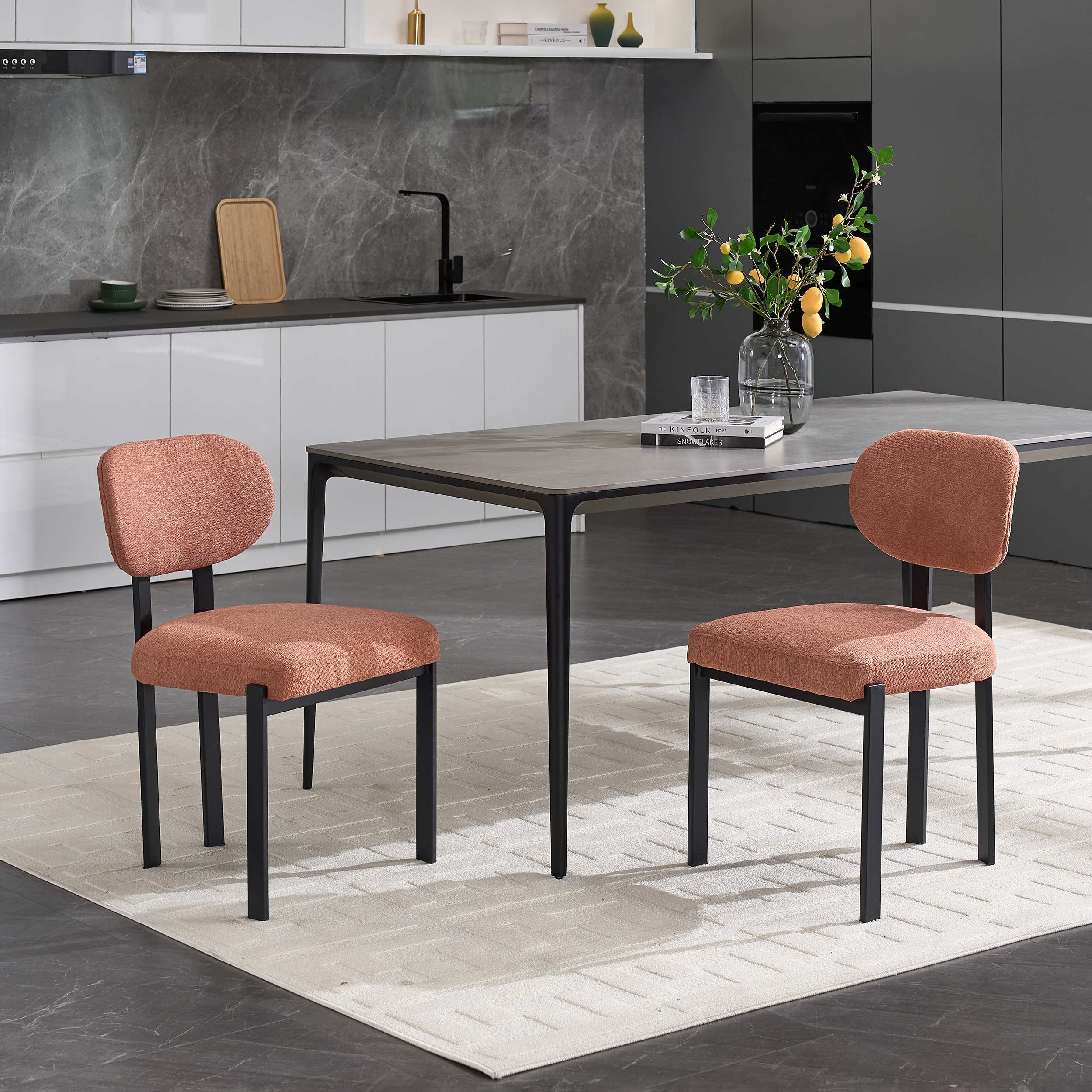 Dining Chairs Set of 2 Grey, Modern Dining Room Chairs Mid Century with 3.35" Cushions and Metal Legs, Round Upholstered Boucle Chairs for Kitchen, Living Room, Easy Assembly
