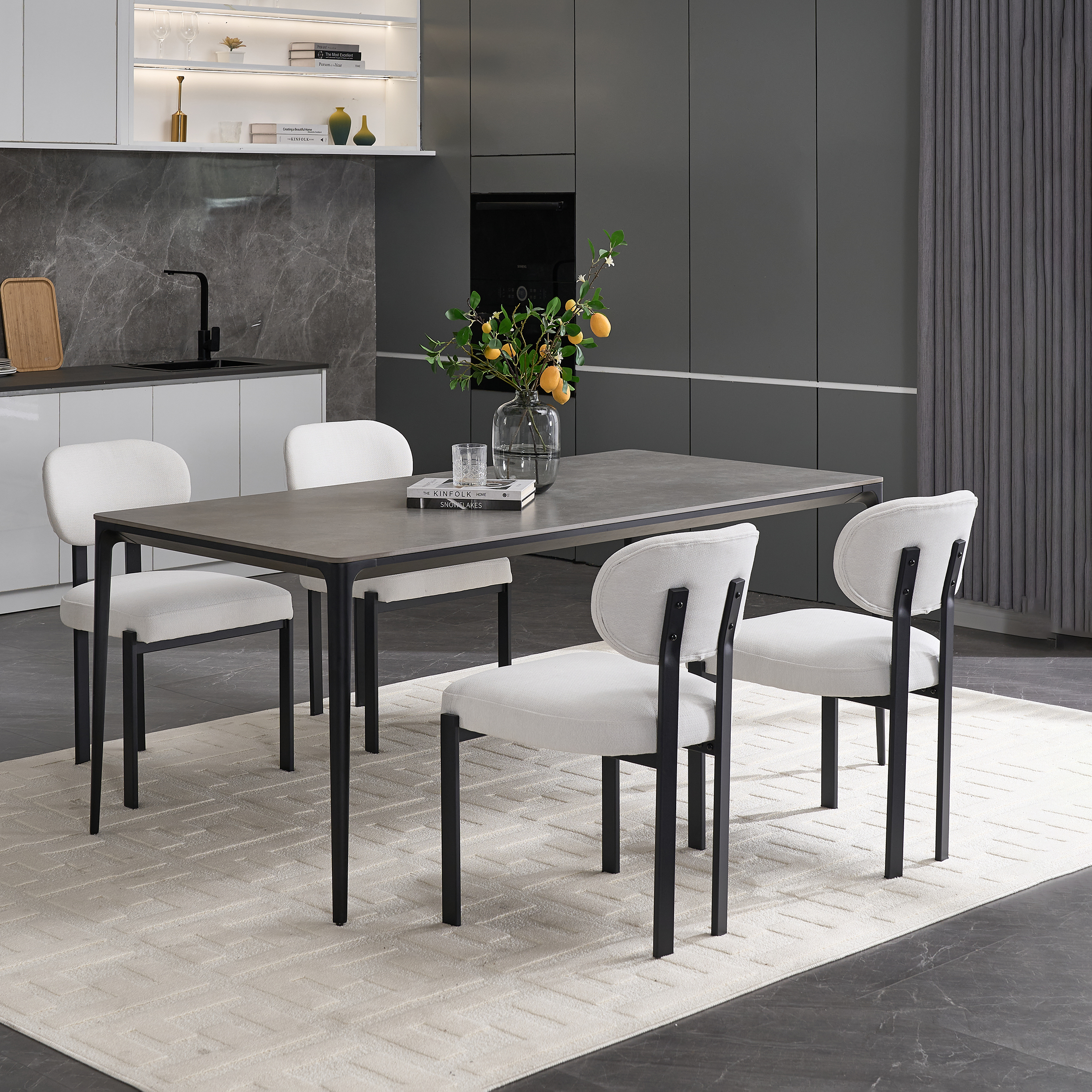 Dining Chairs Set of 2 Grey, Modern Dining Room Chairs Mid Century with 3.35" Cushions and Metal Legs, Round Upholstered Boucle Chairs for Kitchen, Living Room, Easy Assembly
