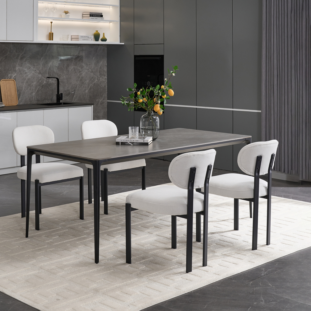 Dining Chairs Set of 2 Grey, Modern Dining Room Chairs Mid Century with 3.35" Cushions and Metal Legs, Round Upholstered Boucle Chairs for Kitchen, Living Room, Easy Assembly