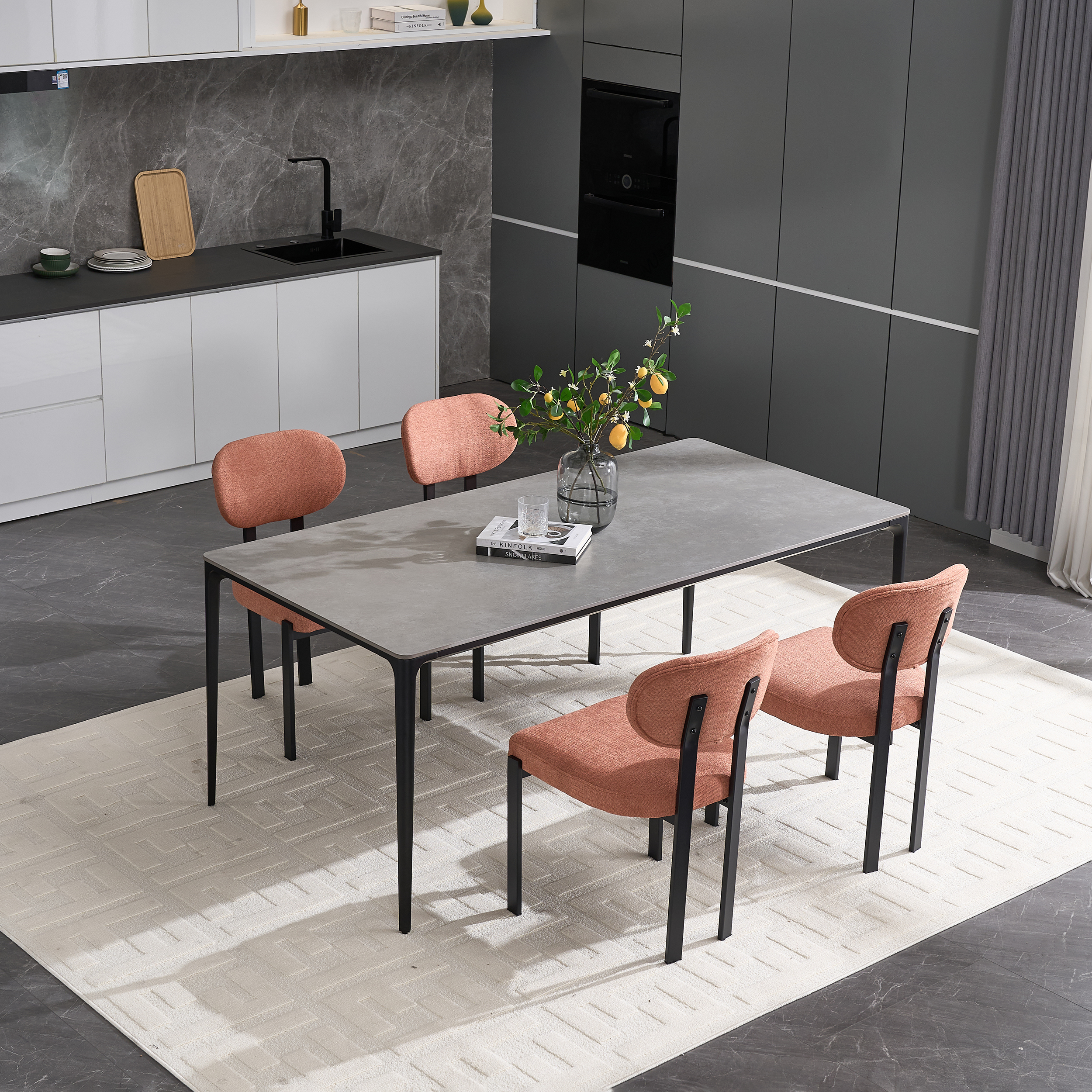 Dining Chairs Set of 2 Grey, Modern Dining Room Chairs Mid Century with 3.35" Cushions and Metal Legs, Round Upholstered Boucle Chairs for Kitchen, Living Room, Easy Assembly