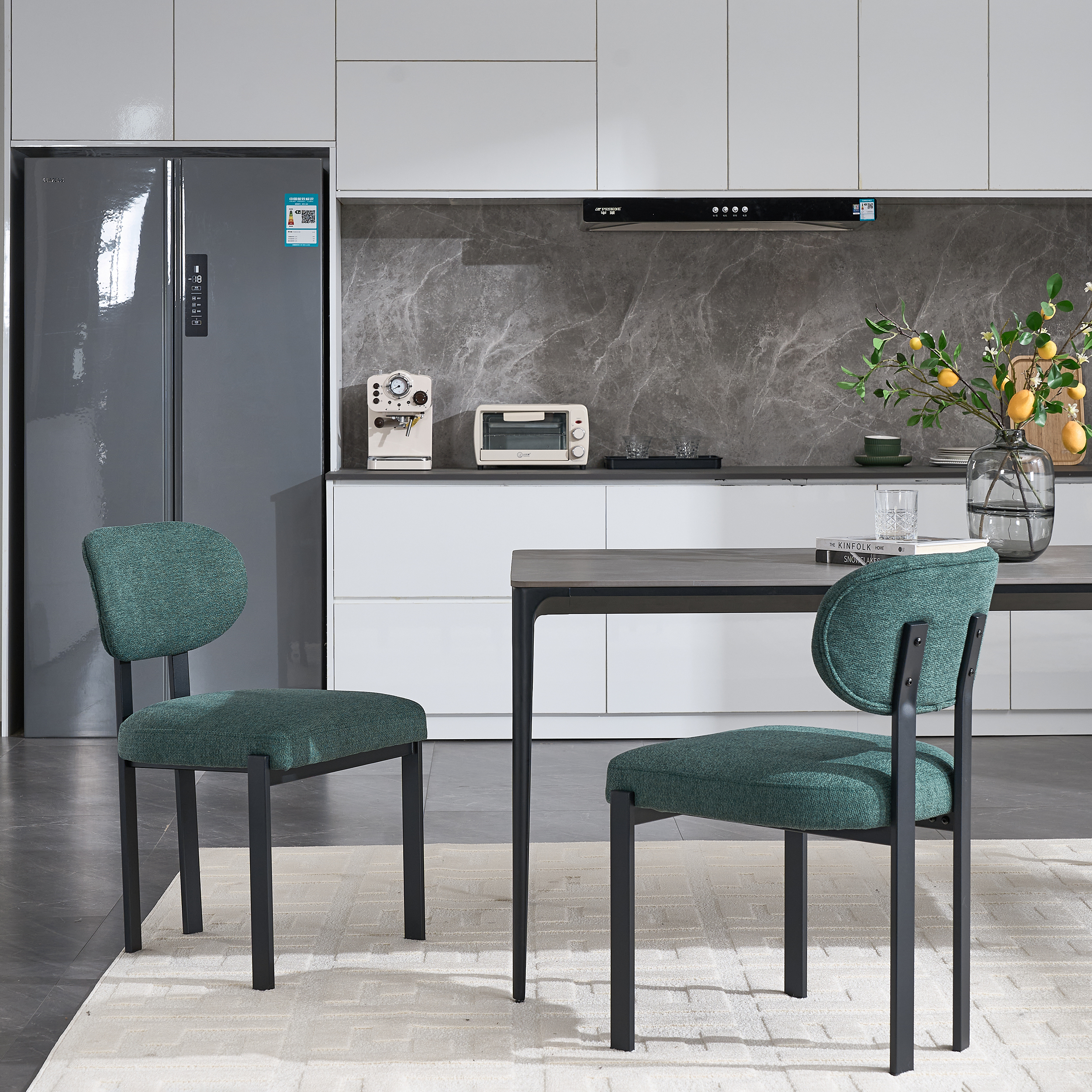 Dining Chairs Set of 2 Grey, Modern Dining Room Chairs Mid Century with 3.35" Cushions and Metal Legs, Round Upholstered Boucle Chairs for Kitchen, Living Room, Easy Assembly