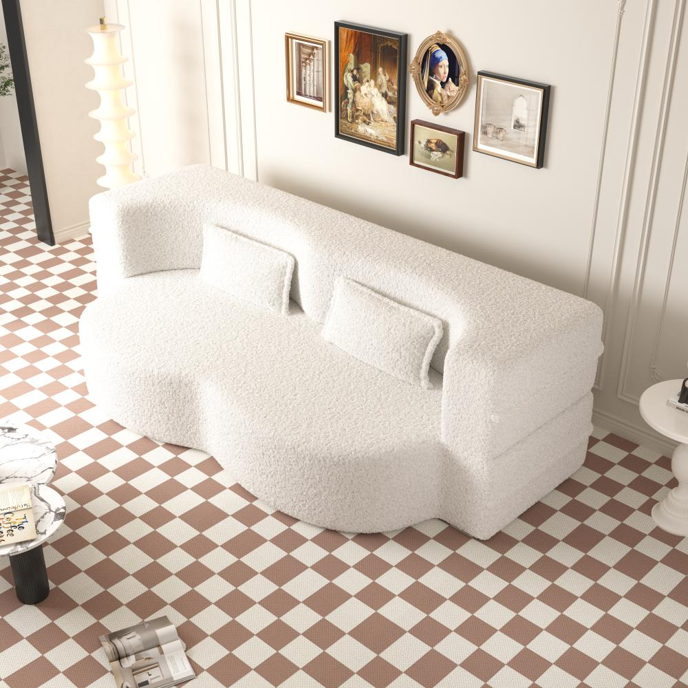 SZLIZCCC Modern Floor Sofa with 2 Pillows,Convertible Teddy Fabric Foam-Filled Sleeper Sofa Bed,15" Full Size Folding Mattress for Living Room,Guest Bed,Playroom,no assembly required,Beige(Old Sku:W1885P230383