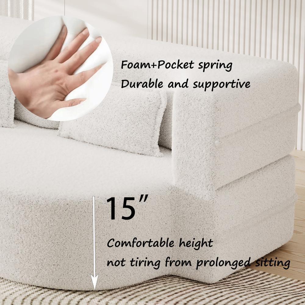 SZLIZCCC Modern Floor Sofa with 2 Pillows,Convertible Teddy Fabric Foam-Filled Sleeper Sofa Bed,15" Full Size Folding Mattress for Living Room,Guest Bed,Playroom,no assembly required,Beige(Old Sku:W1885P230383