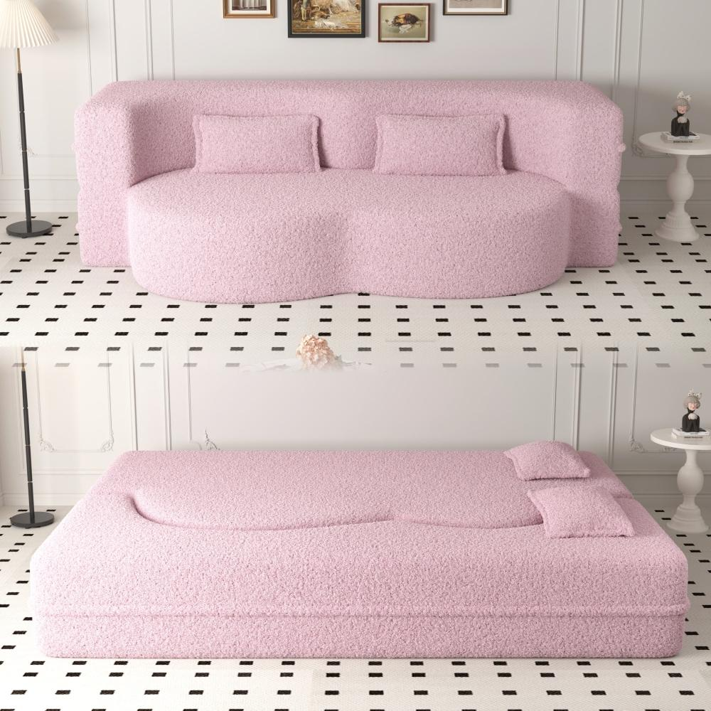 SZLIZCCC Modern Floor Sofa with 2 Pillows,Convertible Teddy Fabric Foam-Filled Sleeper Sofa Bed,15" Full Size Folding Mattress for Living Room,Guest Bed,Playroom,no assembly required,Beige(Old Sku:W1885P230383