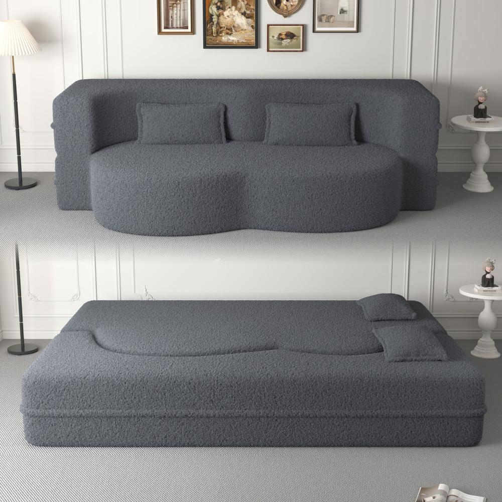 SZLIZCCC Modern Floor Sofa with 2 Pillows,Convertible Teddy Fabric Foam-Filled Sleeper Sofa Bed,15" Full Size Folding Mattress for Living Room,Guest Bed,Playroom,no assembly required,Beige(Old Sku:W1885P230383