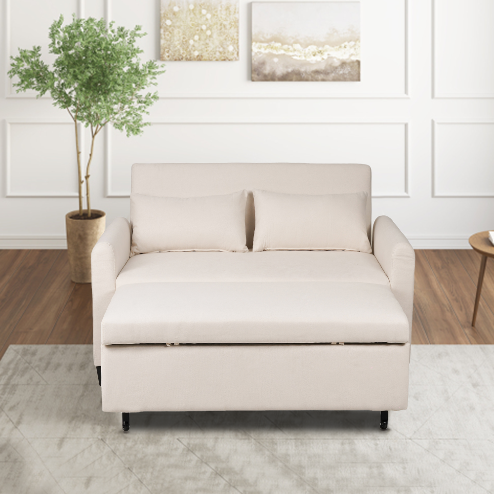 【Summer Blowout Sale】 3-in-1 Convertible Sleeper Sofa Bed Linen Modern Loveseat Futon Couch Pull-Out Bed with Side Storage Pockets 2 Throw Pillows for Small Space