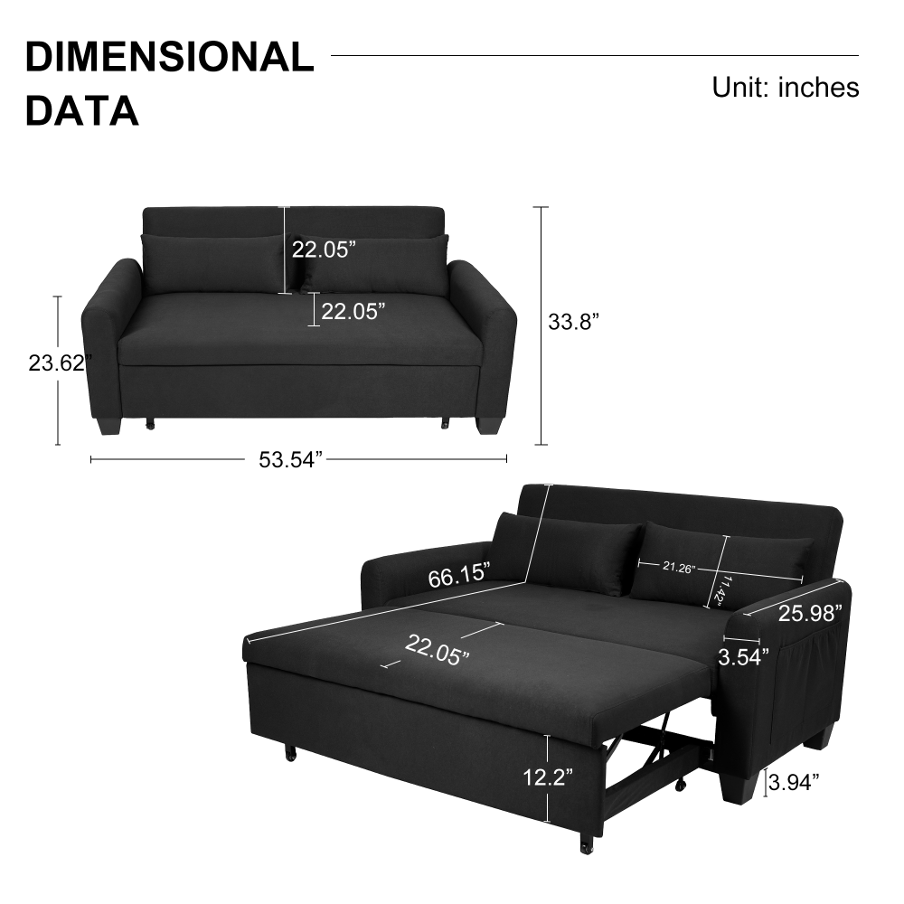 【Summer Blowout Sale】 3-in-1 Convertible Sleeper Sofa Bed Linen Modern Loveseat Futon Couch Pull-Out Bed with Side Storage Pockets 2 Throw Pillows for Small Space