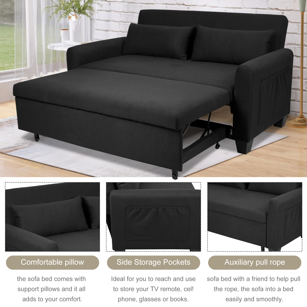 【Summer Blowout Sale】 3-in-1 Convertible Sleeper Sofa Bed Linen Modern Loveseat Futon Couch Pull-Out Bed with Side Storage Pockets 2 Throw Pillows for Small Space