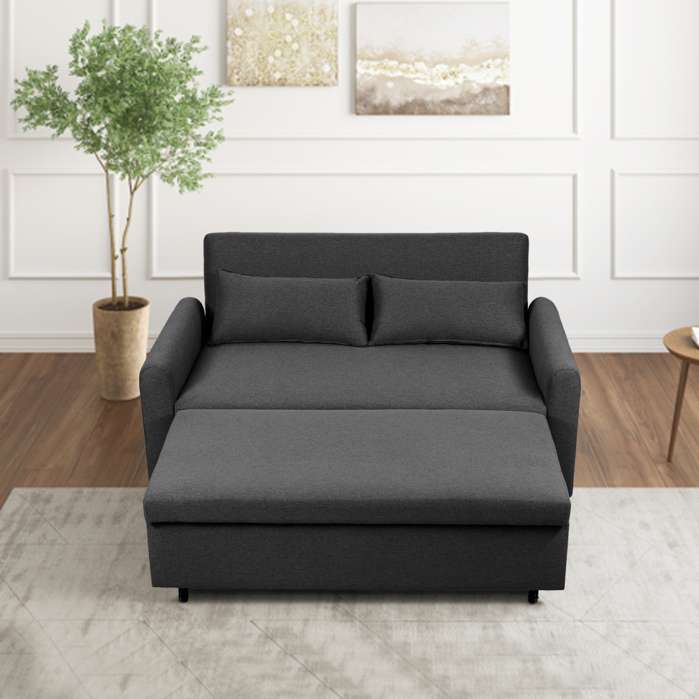 【Summer Blowout Sale】 3-in-1 Convertible Sleeper Sofa Bed Linen Modern Loveseat Futon Couch Pull-Out Bed with Side Storage Pockets 2 Throw Pillows for Small Space