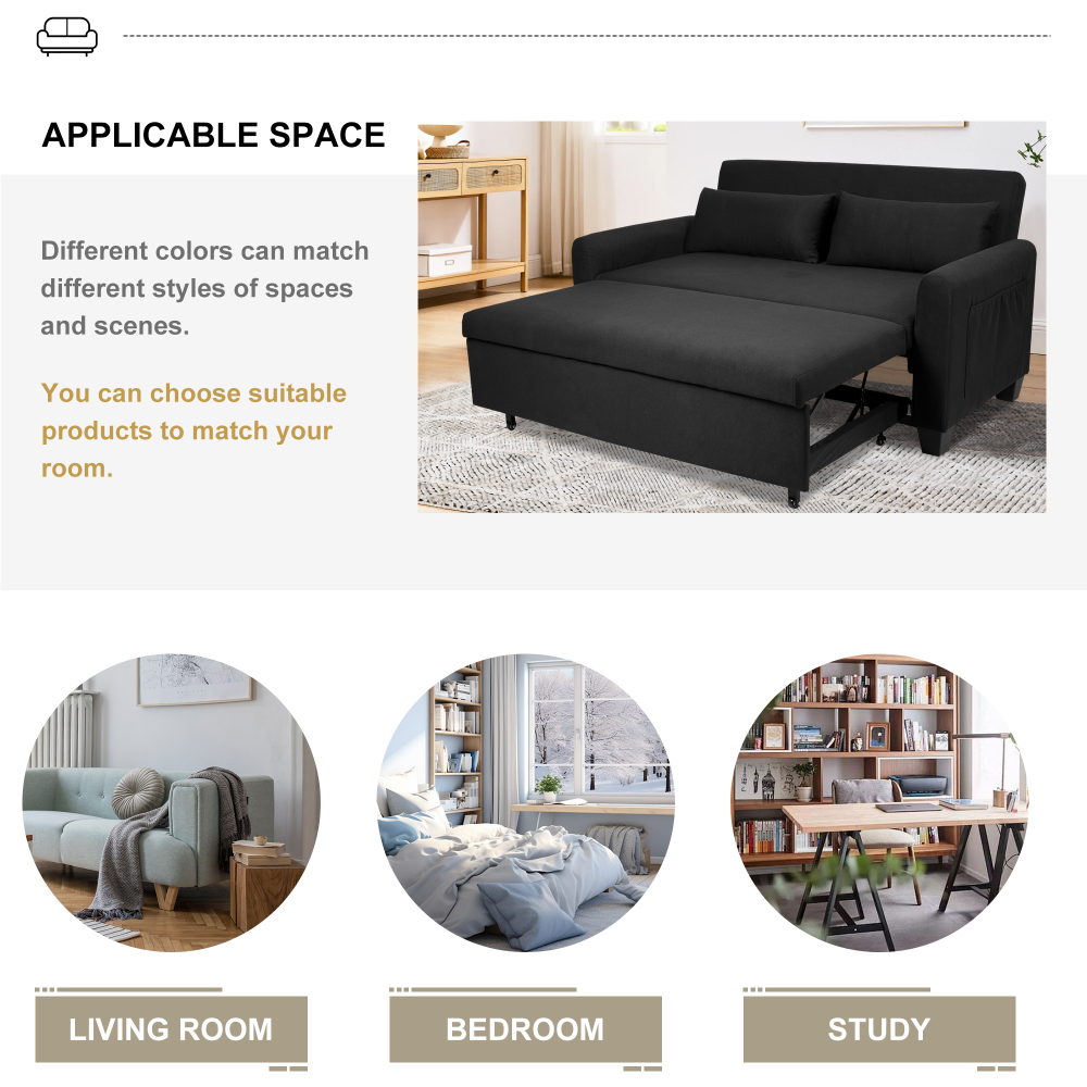 【Summer Blowout Sale】 3-in-1 Convertible Sleeper Sofa Bed Linen Modern Loveseat Futon Couch Pull-Out Bed with Side Storage Pockets 2 Throw Pillows for Small Space