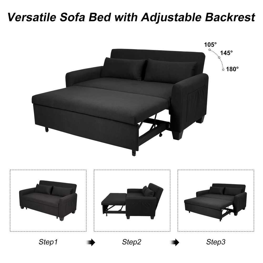 【Summer Blowout Sale】 3-in-1 Convertible Sleeper Sofa Bed Linen Modern Loveseat Futon Couch Pull-Out Bed with Side Storage Pockets 2 Throw Pillows for Small Space