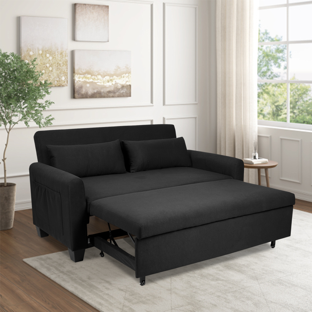 【Summer Blowout Sale】 3-in-1 Convertible Sleeper Sofa Bed Linen Modern Loveseat Futon Couch Pull-Out Bed with Side Storage Pockets 2 Throw Pillows for Small Space