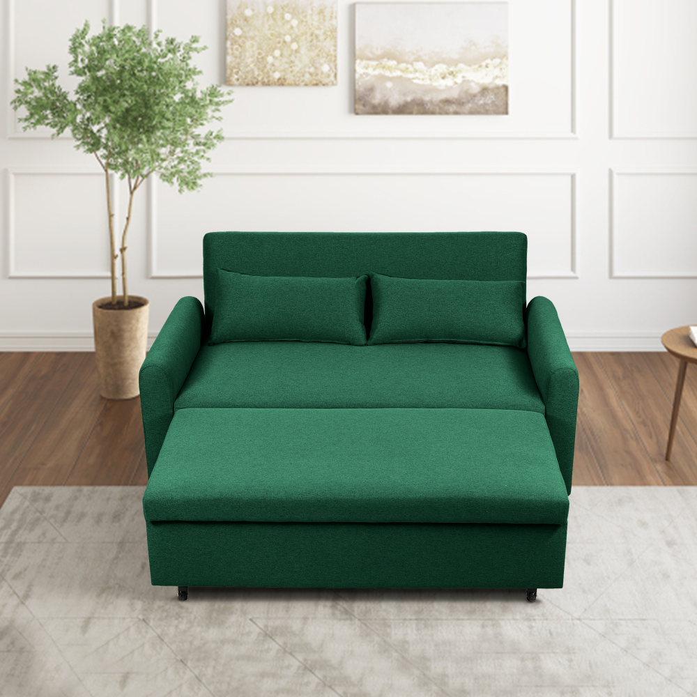 【Summer Blowout Sale】 3-in-1 Convertible Sleeper Sofa Bed Linen Modern Loveseat Futon Couch Pull-Out Bed with Side Storage Pockets 2 Throw Pillows for Small Space