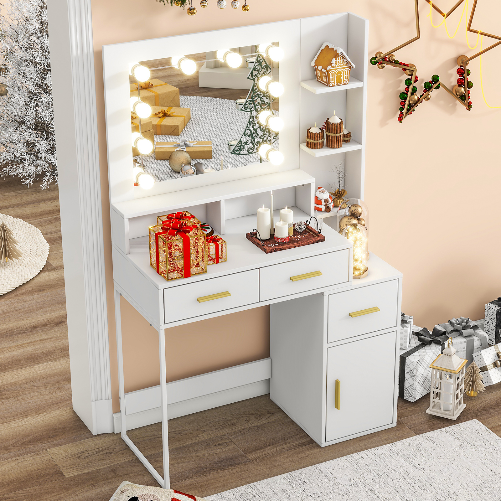 Vanity Desk with Mirror & 10 LED Lights，3 Lighting Modes (Brightness Adjustable RGB)  Modern Minimalist White  35" Glass Top Makeup Vanity with Power Outlet ， Ample Storage (Drawers/Shelves/Cabinet) for Women Girls Bedroom