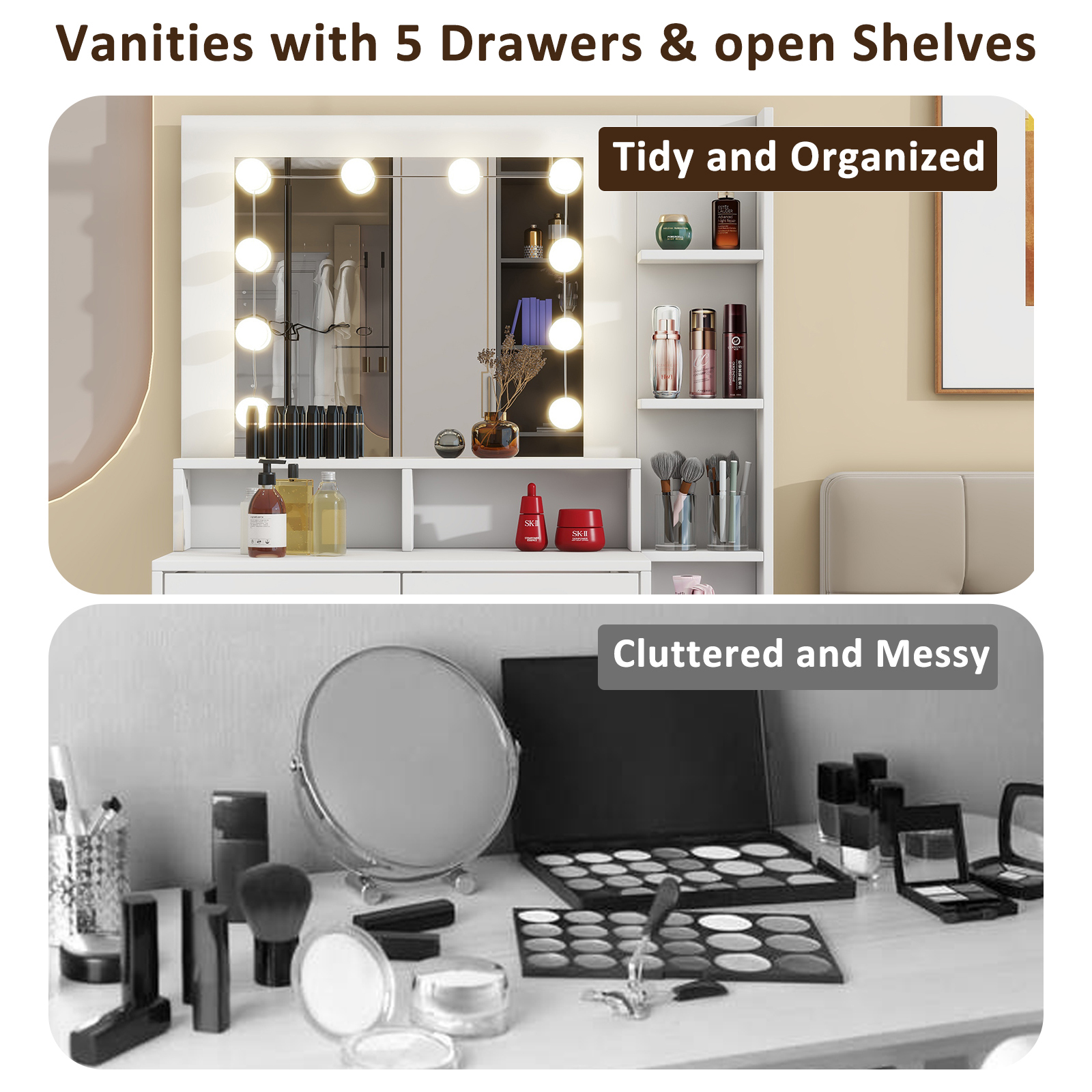 Vanity Desk with Mirror & 10 LED Lights，3 Lighting Modes (Brightness Adjustable RGB)  Modern Minimalist White  35" Glass Top Makeup Vanity with Power Outlet ， Ample Storage (Drawers/Shelves/Cabinet) for Women Girls Bedroom