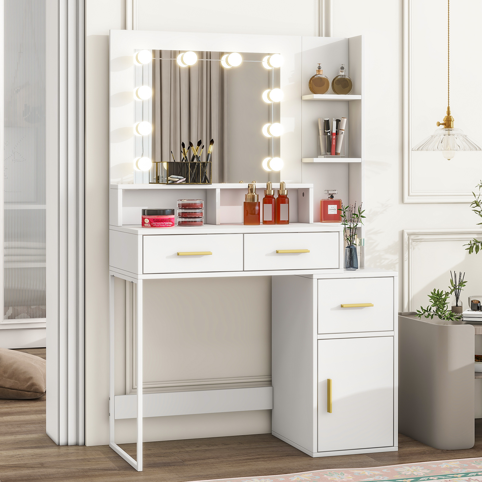 Vanity Desk with Mirror & 10 LED Lights，3 Lighting Modes (Brightness Adjustable RGB)  Modern Minimalist White  35" Glass Top Makeup Vanity with Power Outlet ， Ample Storage (Drawers/Shelves/Cabinet) for Women Girls Bedroom