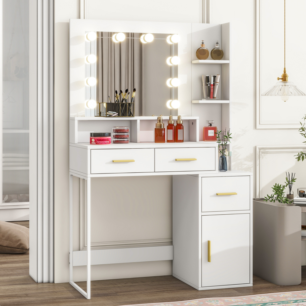 Vanity Desk with Mirror & 10 LED Lights，3 Lighting Modes (Brightness Adjustable RGB)  Modern Minimalist White  35" Glass Top Makeup Vanity with Power Outlet ， Ample Storage (Drawers/Shelves/Cabinet) for Women Girls Bedroom