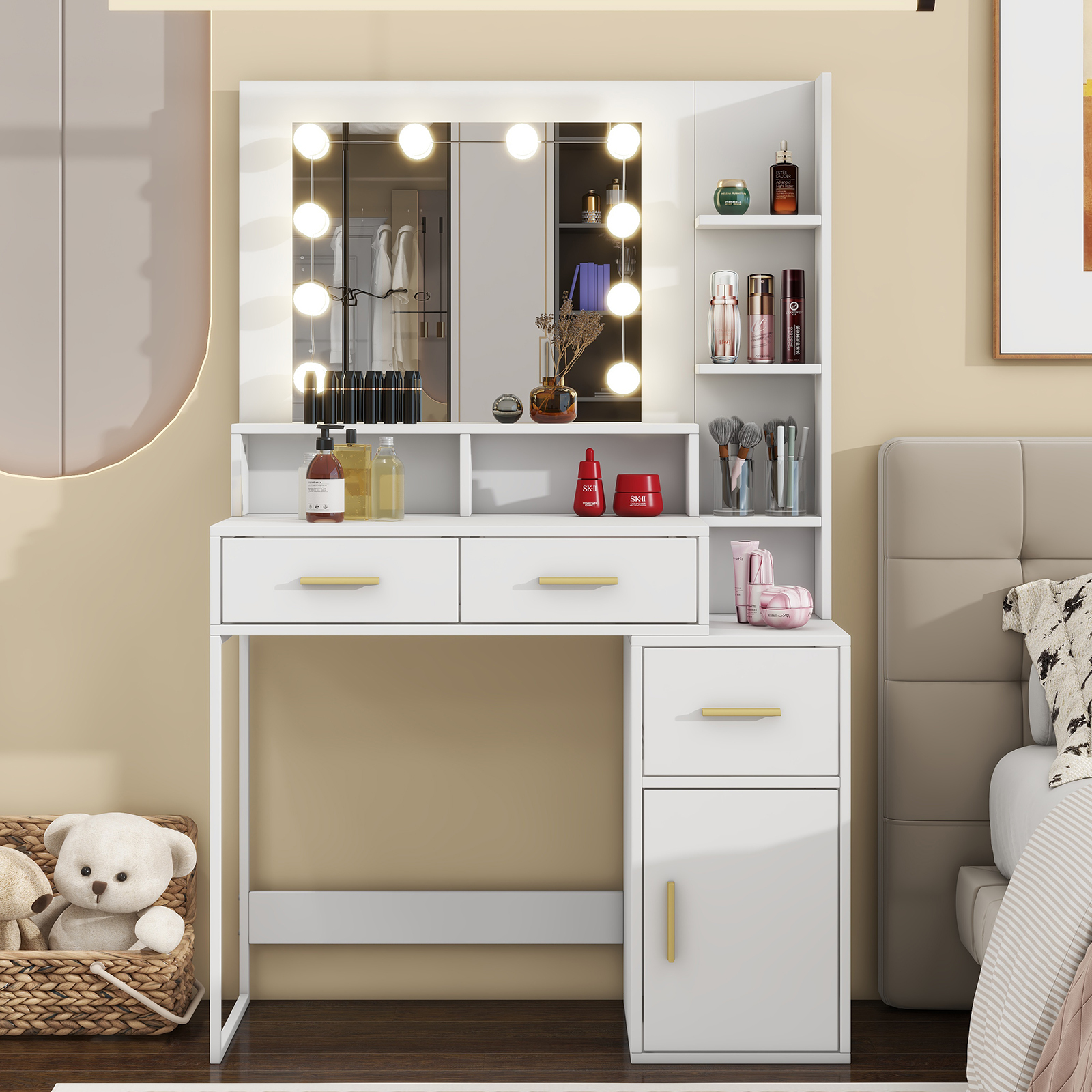 Vanity Desk with Mirror & 10 LED Lights，3 Lighting Modes (Brightness Adjustable RGB)  Modern Minimalist White  35" Glass Top Makeup Vanity with Power Outlet ， Ample Storage (Drawers/Shelves/Cabinet) for Women Girls Bedroom