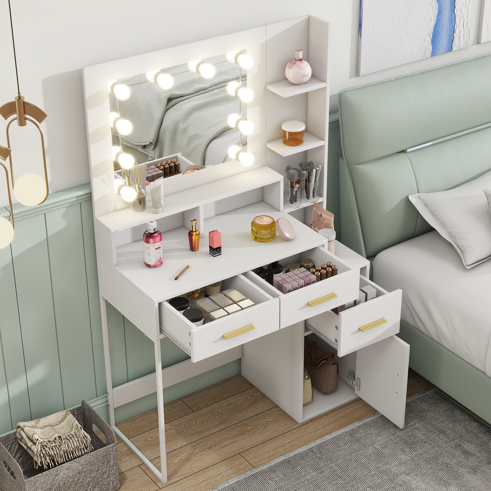 Vanity Desk with Mirror & 10 LED Lights，3 Lighting Modes (Brightness Adjustable RGB)  Modern Minimalist White  35" Glass Top Makeup Vanity with Power Outlet ， Ample Storage (Drawers/Shelves/Cabinet) for Women Girls Bedroom