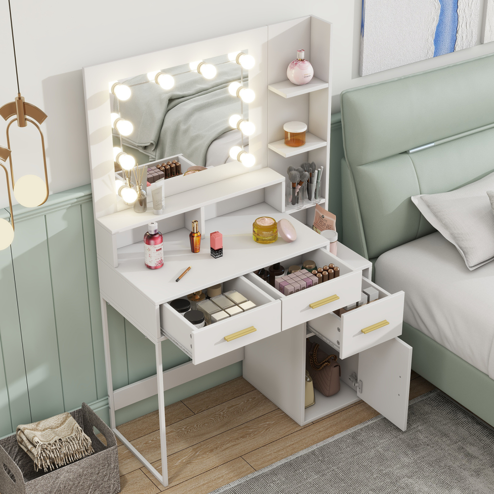 Vanity Desk with Mirror & 10 LED Lights，3 Lighting Modes (Brightness Adjustable RGB)  Modern Minimalist White  35" Glass Top Makeup Vanity with Power Outlet ， Ample Storage (Drawers/Shelves/Cabinet) for Women Girls Bedroom