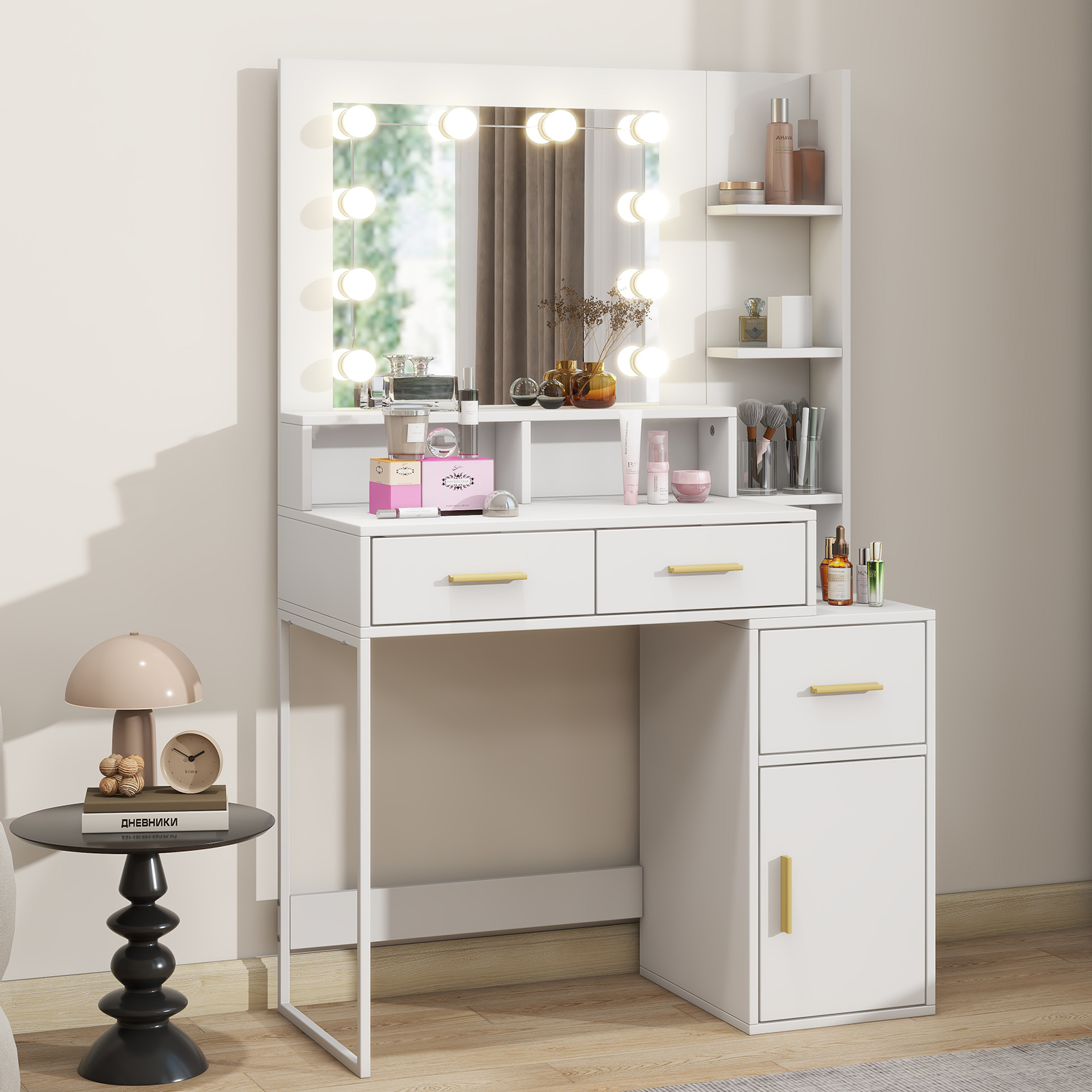Vanity Desk with Mirror & 10 LED Lights，3 Lighting Modes (Brightness Adjustable RGB)  Modern Minimalist White  35" Glass Top Makeup Vanity with Power Outlet ， Ample Storage (Drawers/Shelves/Cabinet) for Women Girls Bedroom