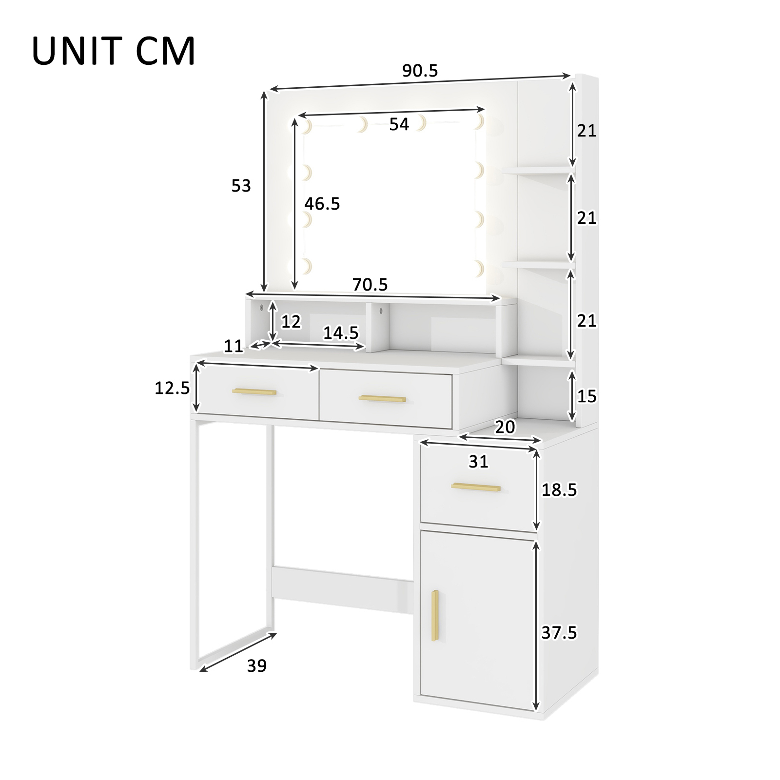 Vanity Desk with Mirror & 10 LED Lights，3 Lighting Modes (Brightness Adjustable RGB)  Modern Minimalist White  35" Glass Top Makeup Vanity with Power Outlet ， Ample Storage (Drawers/Shelves/Cabinet) for Women Girls Bedroom