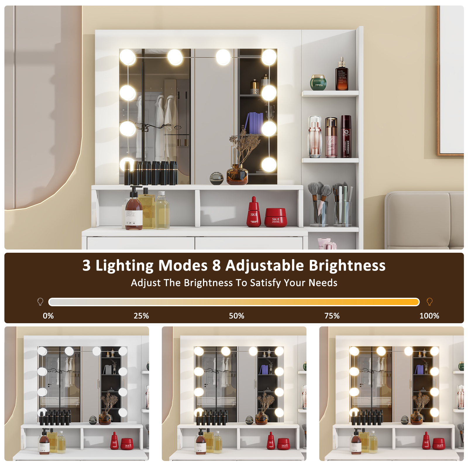 Vanity Desk with Mirror & 10 LED Lights，3 Lighting Modes (Brightness Adjustable RGB)  Modern Minimalist White  35" Glass Top Makeup Vanity with Power Outlet ， Ample Storage (Drawers/Shelves/Cabinet) for Women Girls Bedroom