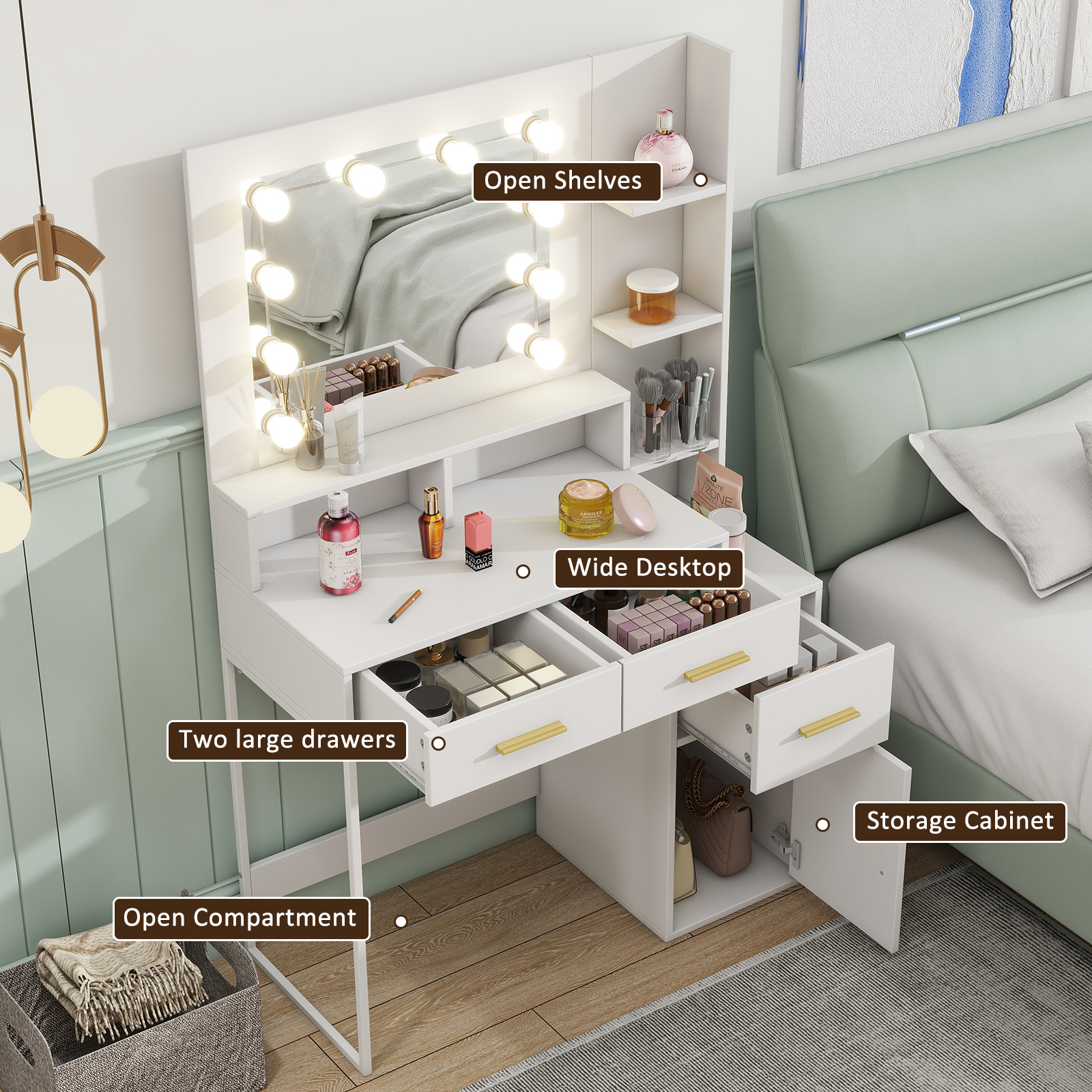 Vanity Desk with Mirror & 10 LED Lights，3 Lighting Modes (Brightness Adjustable RGB)  Modern Minimalist White  35" Glass Top Makeup Vanity with Power Outlet ， Ample Storage (Drawers/Shelves/Cabinet) for Women Girls Bedroom