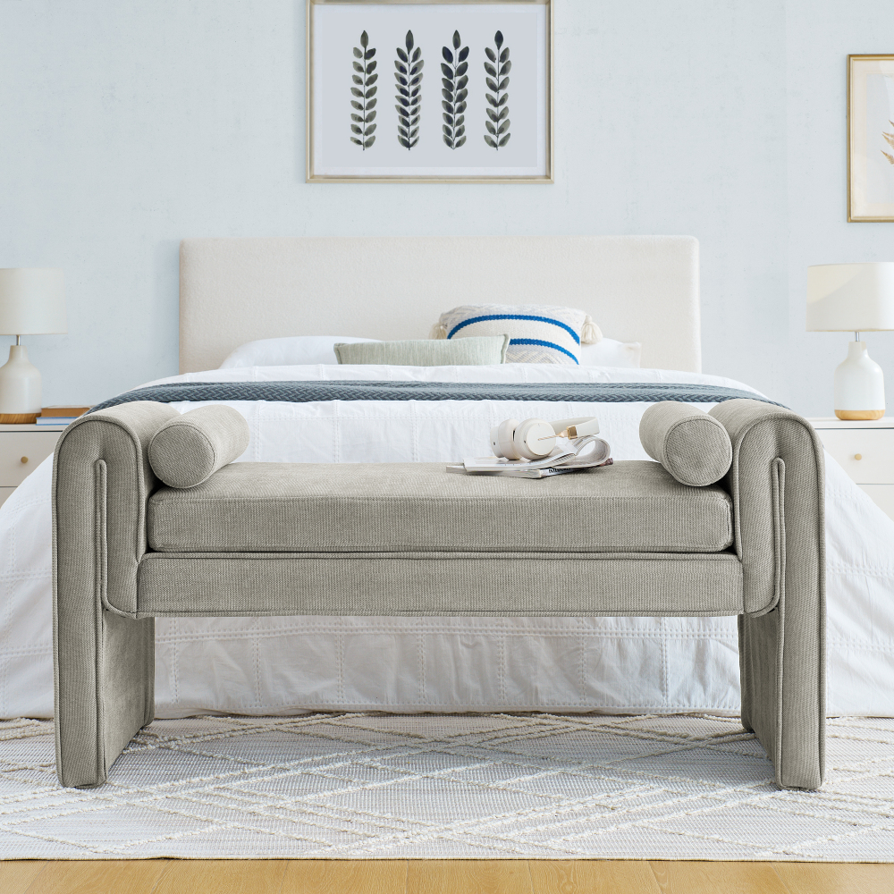 Mid-Century Modern Ottoman Bench with Linen Fabric - Premium Storage Bench for Bedroom Living Room Entryway Dining Room  Contemporary Accent Furniture​