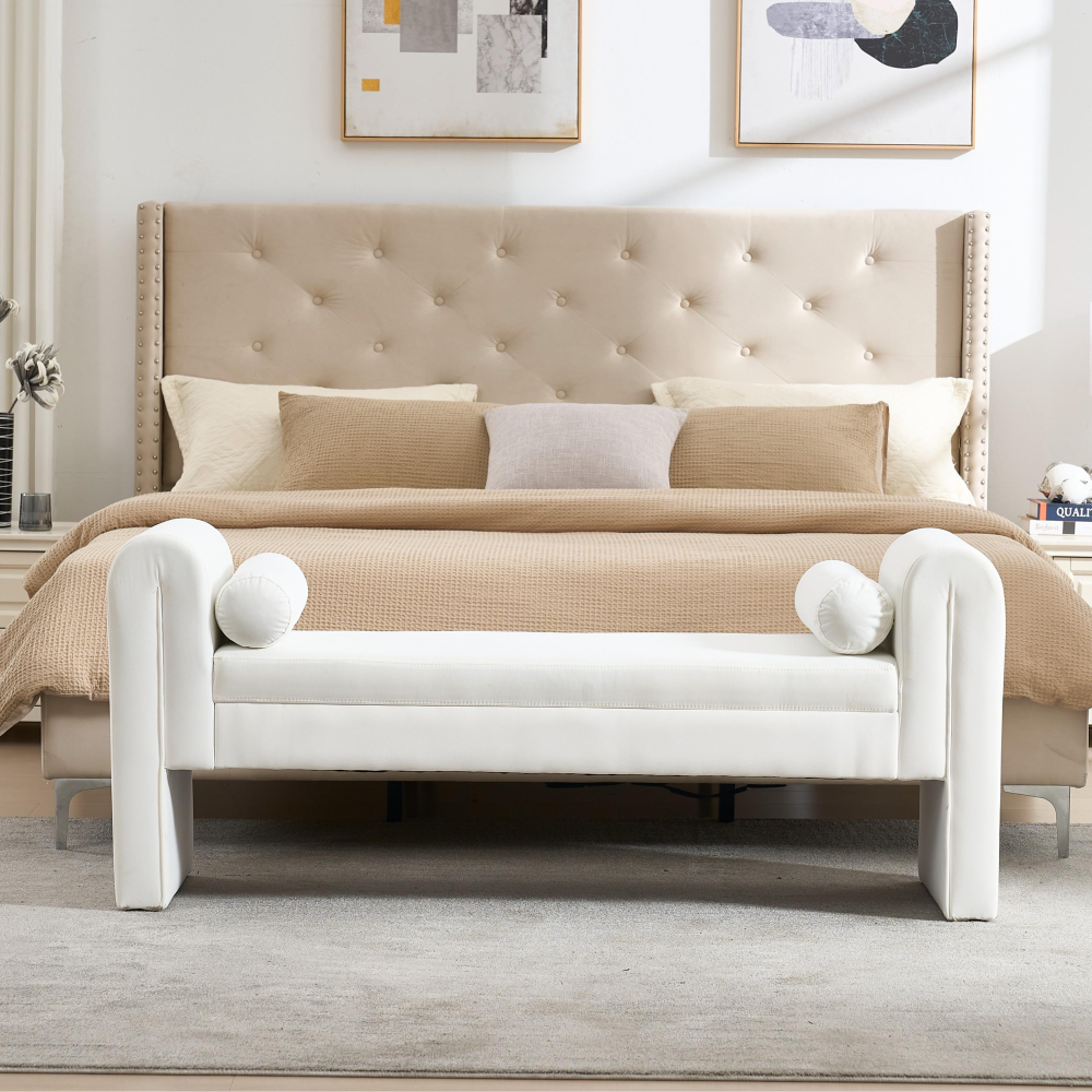 Mid-Century Modern Ottoman Bench with Linen Fabric - Premium Storage Bench for Bedroom Living Room Entryway Dining Room  Contemporary Accent Furniture​