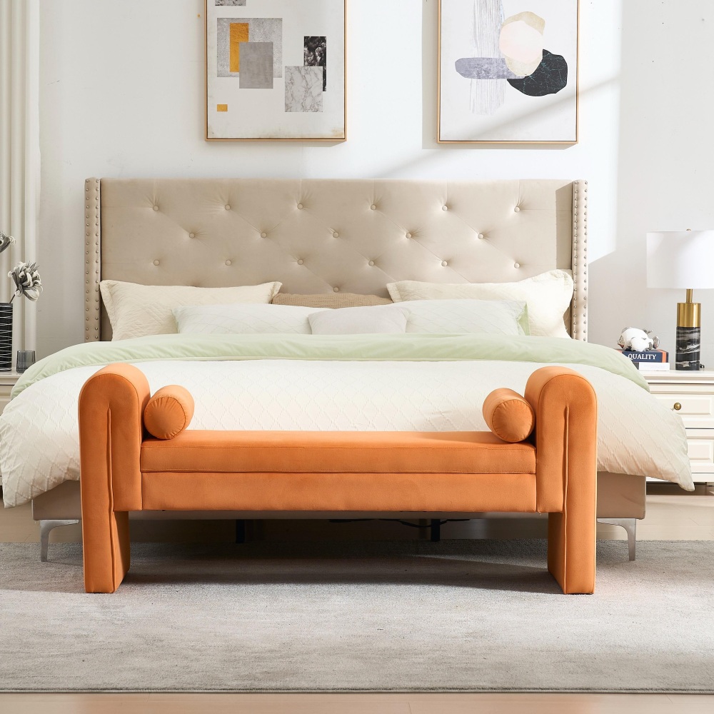 Mid-Century Modern Ottoman Bench with Linen Fabric - Premium Storage Bench for Bedroom Living Room Entryway Dining Room  Contemporary Accent Furniture​