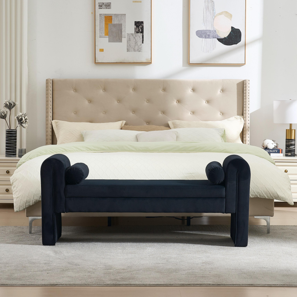 Mid-Century Modern Ottoman Bench with Linen Fabric - Premium Storage Bench for Bedroom Living Room Entryway Dining Room  Contemporary Accent Furniture​