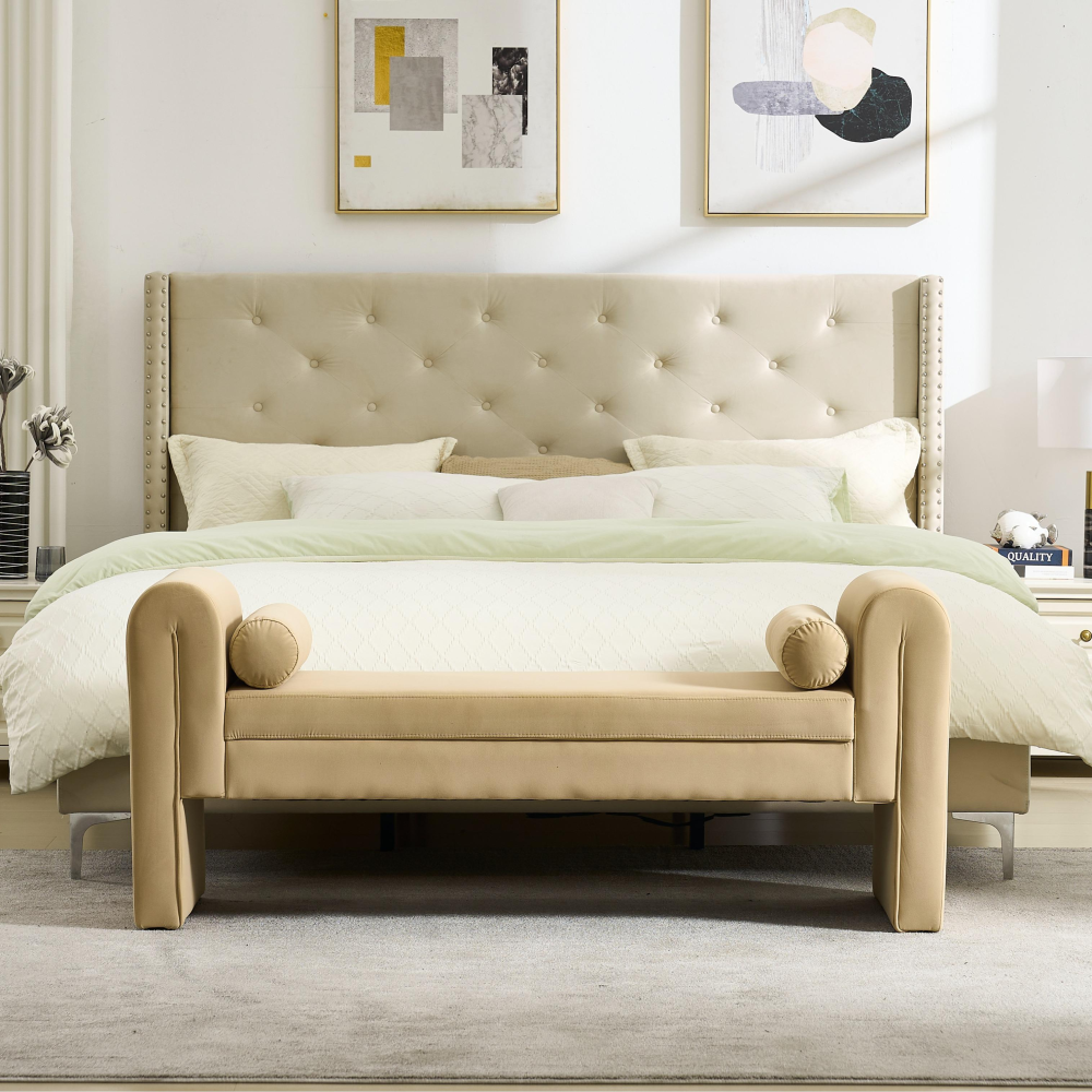 Mid-Century Modern Ottoman Bench with Linen Fabric - Premium Storage Bench for Bedroom Living Room Entryway Dining Room  Contemporary Accent Furniture​