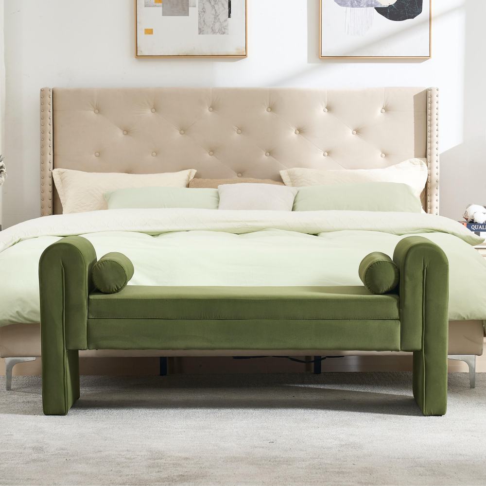 Mid-Century Modern Ottoman Bench with Linen Fabric - Premium Storage Bench for Bedroom Living Room Entryway Dining Room  Contemporary Accent Furniture​